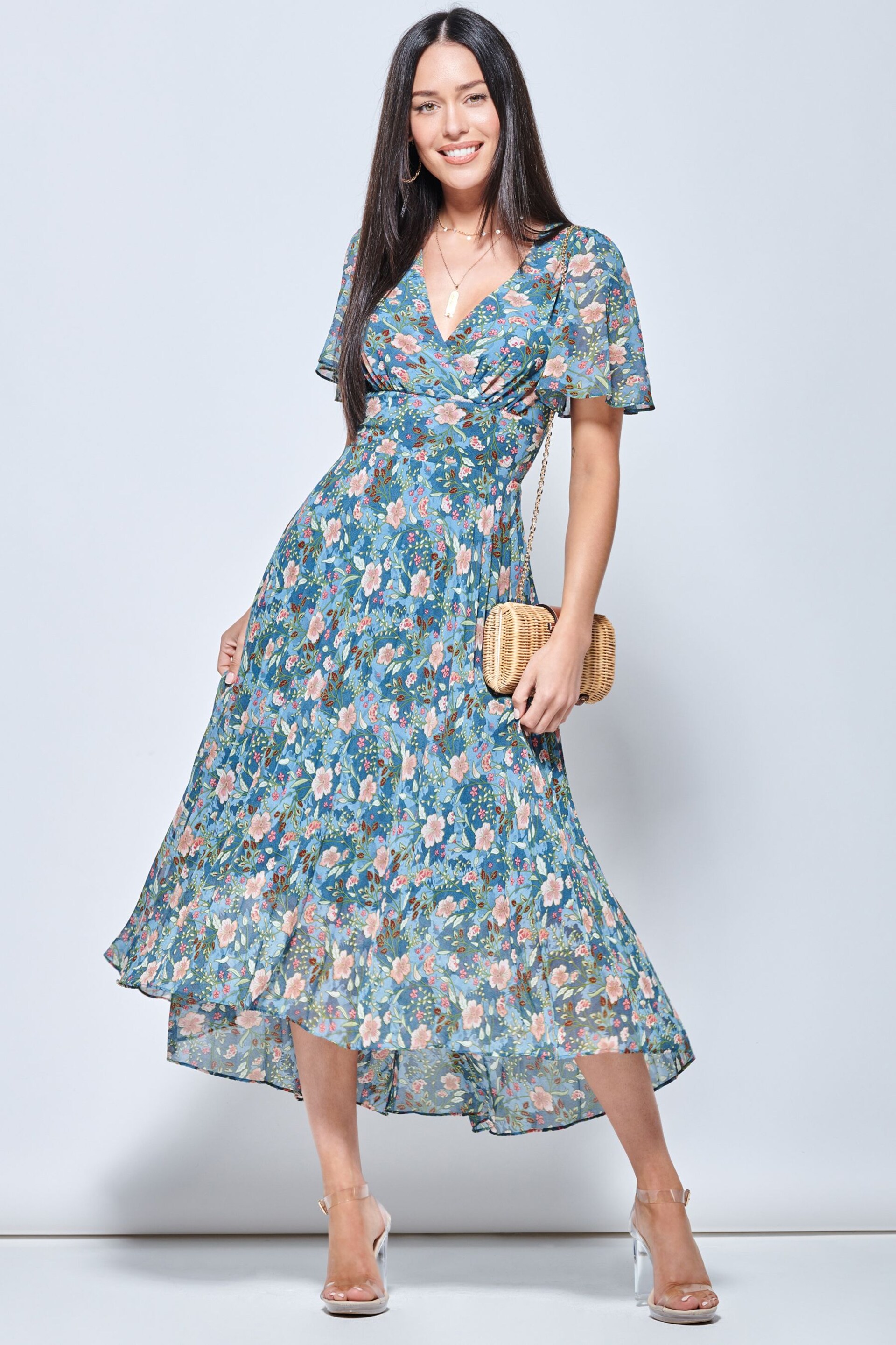 Jolie Moi Blue & Pink Floral Pleated Chiffon High Low Maxi Dress - Image 1 of 5