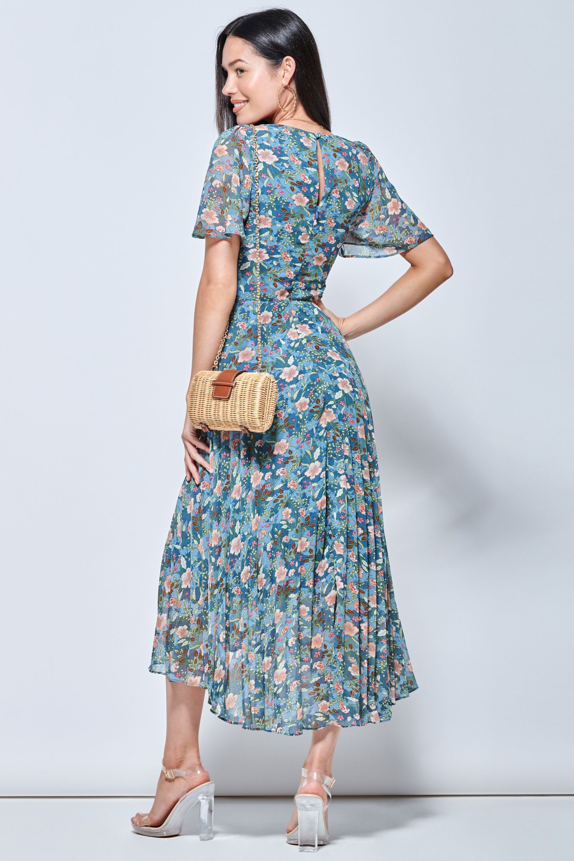 Jolie Moi Blue & Pink Floral Pleated Chiffon High Low Maxi Dress - Image 2 of 5