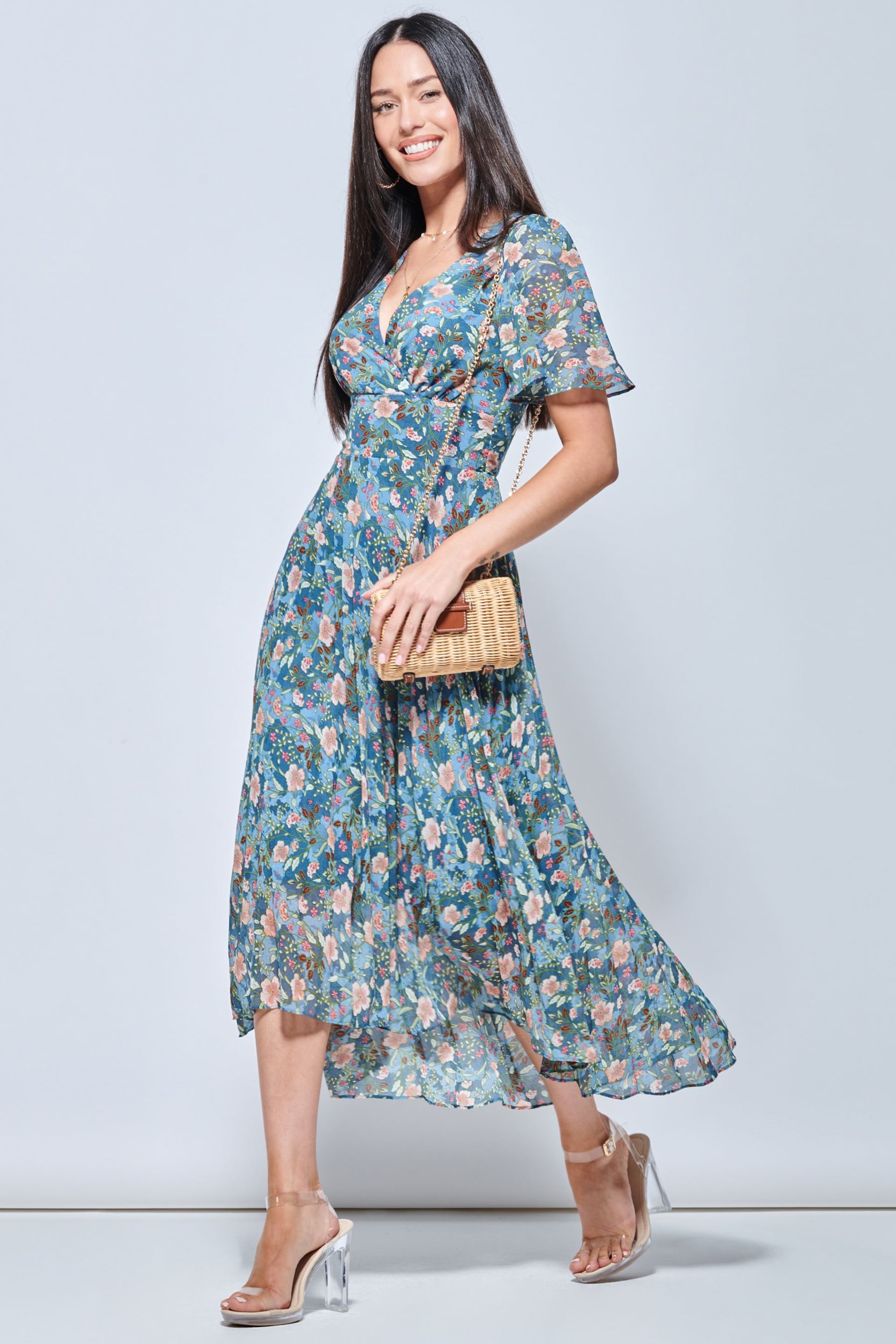 Jolie Moi Blue & Pink Floral Pleated Chiffon High Low Maxi Dress - Image 3 of 5