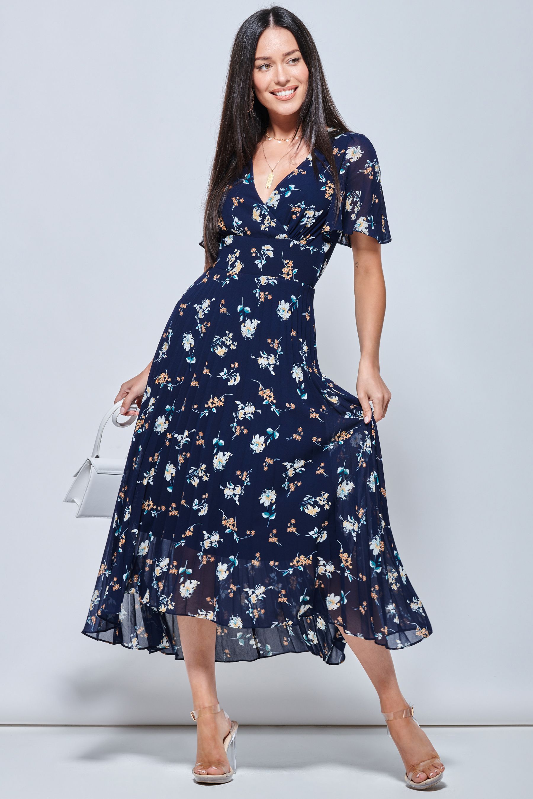 Buy Jolie Moi Navy Blue Multi Floral Pleated Chiffon High Low Maxi Dress from Next Norway