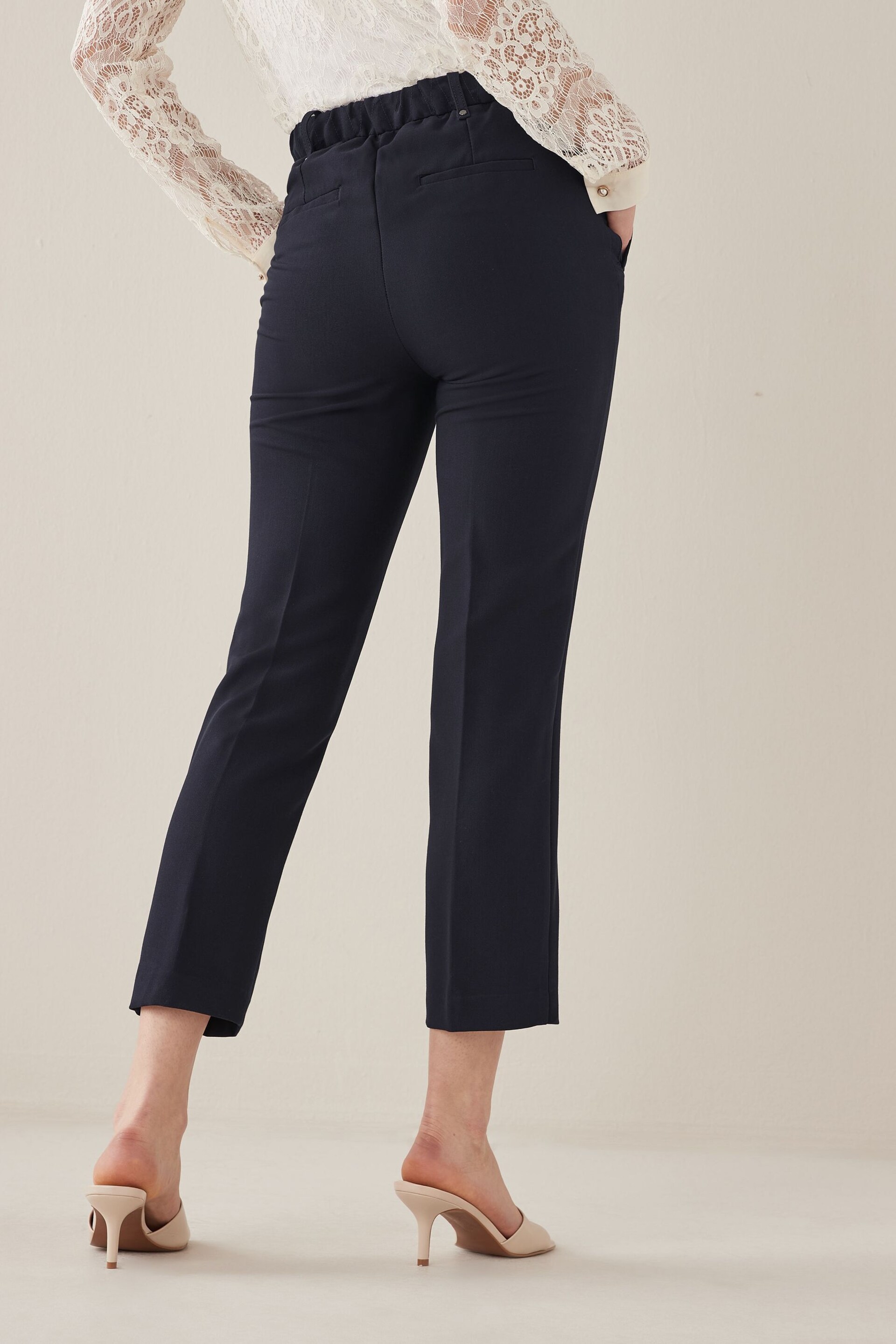 Navy Blue Tailored Elastic Back Straight Leg Pull On Trousers - Image 2 of 5