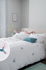 White With Hummingbird Embroidered Duvet Cover and Pillowcase Set - Image 1 of 5