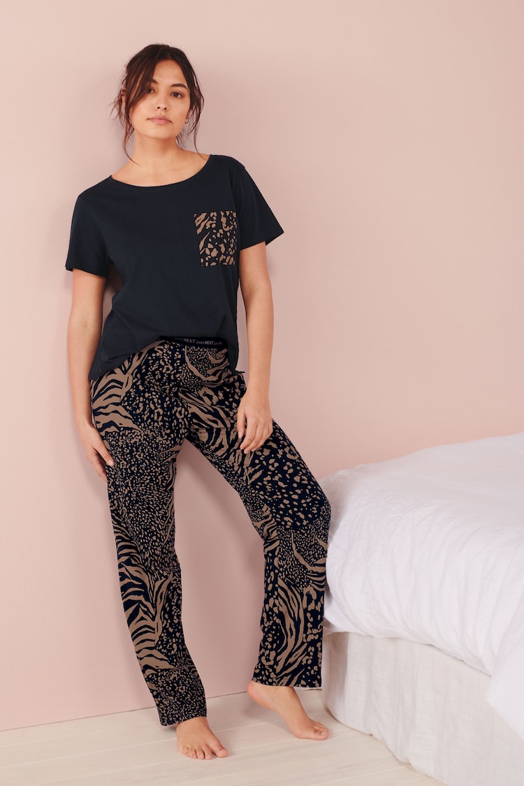 Navy Blue Animal Print 100% Cotton Short Sleeve Pyjamas - Image 2 of 7