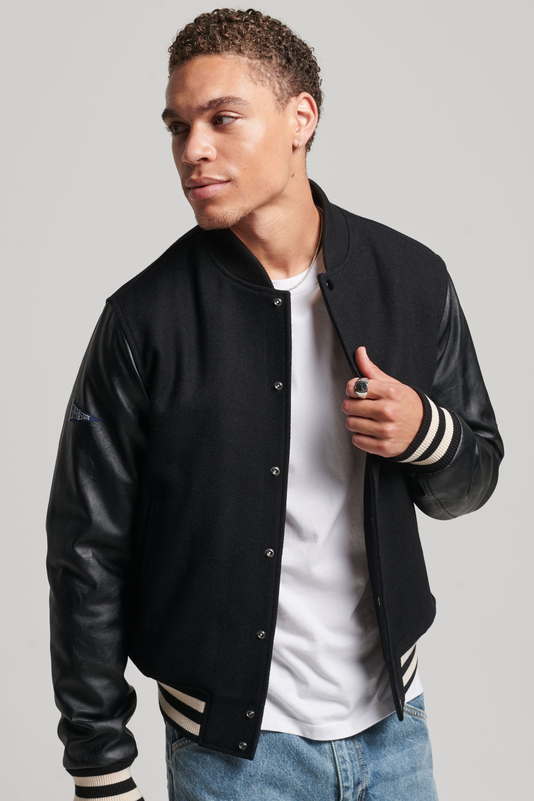Superdry varsity wool leather bomber jacket discount