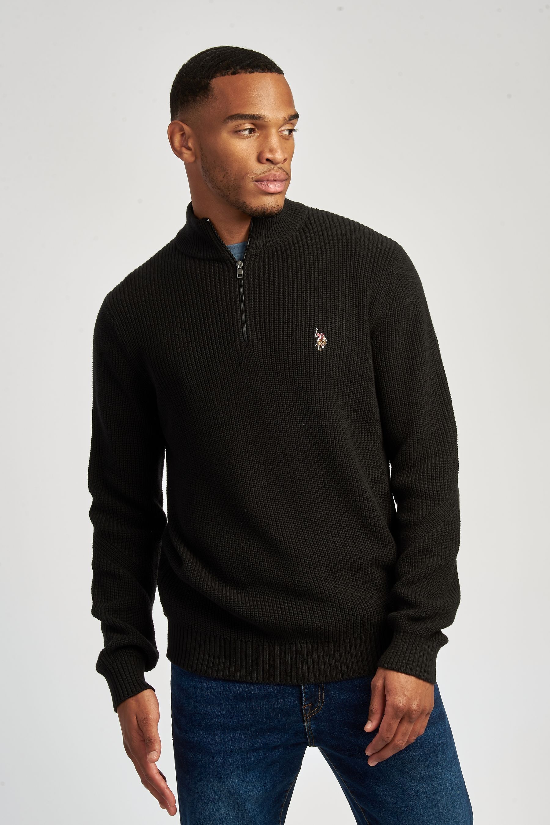 Buy U.S. Polo Assn. Mens Heavyweight Half Cardi Quarter Zip Neck Knit Black Jumper from Next Luxembourg