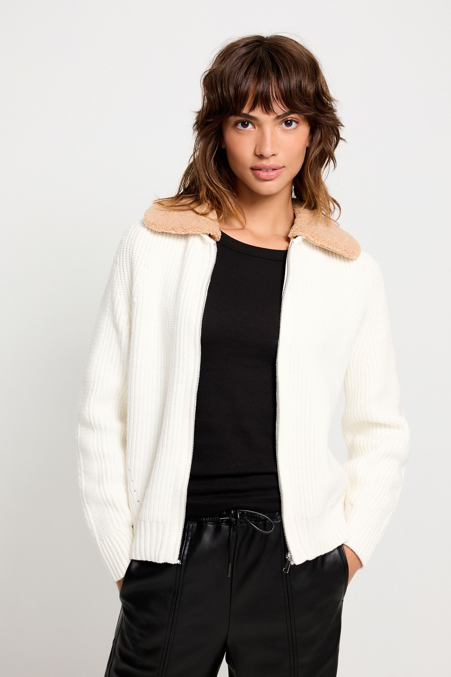 Buy Ecru White Teddy Borg Collar Zip Cardigan from Next Ireland