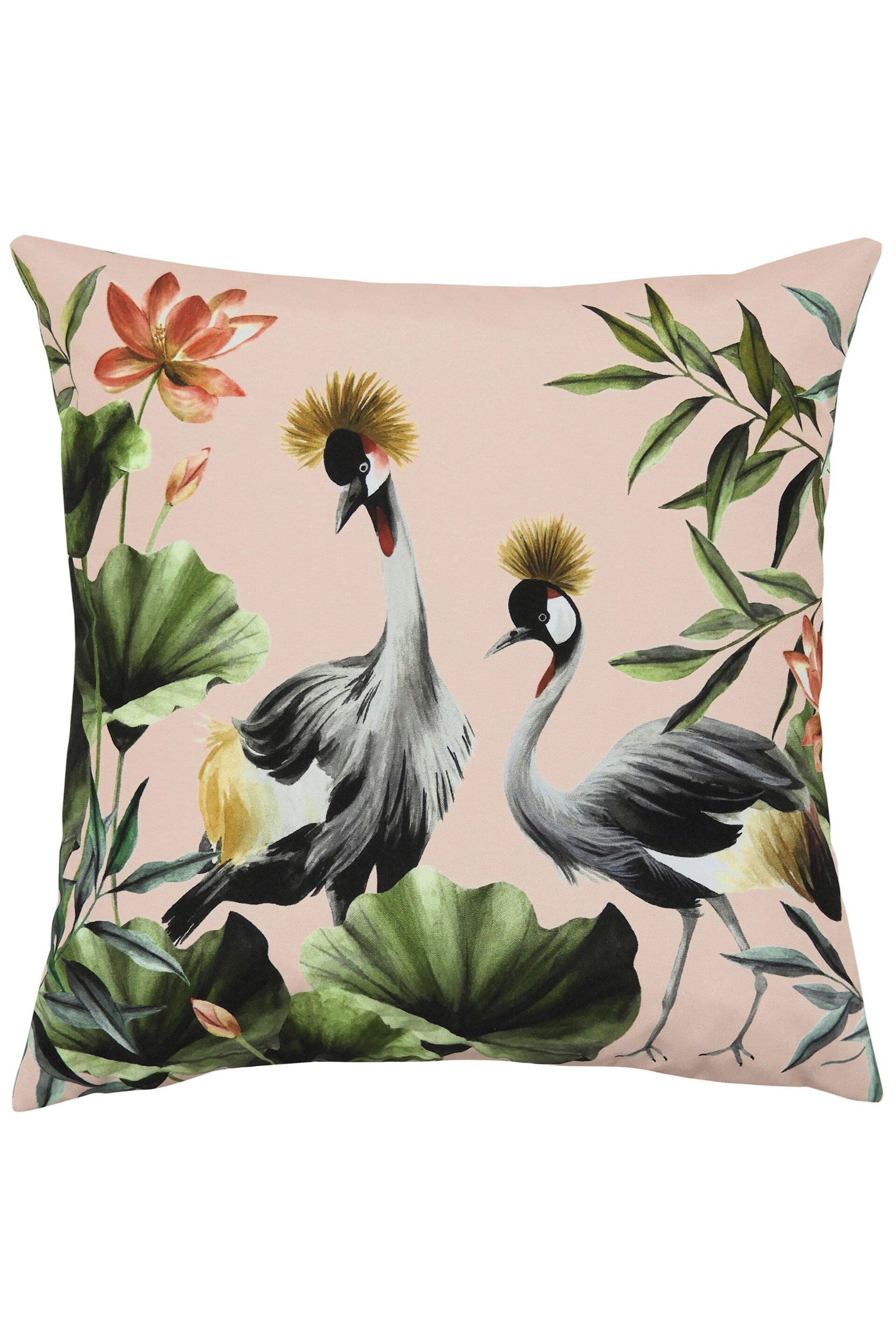 Evans Lichfield Blush Pink/Forest Green Cranes Outdoor Polyester Filled Cushion - Image 2 of 5