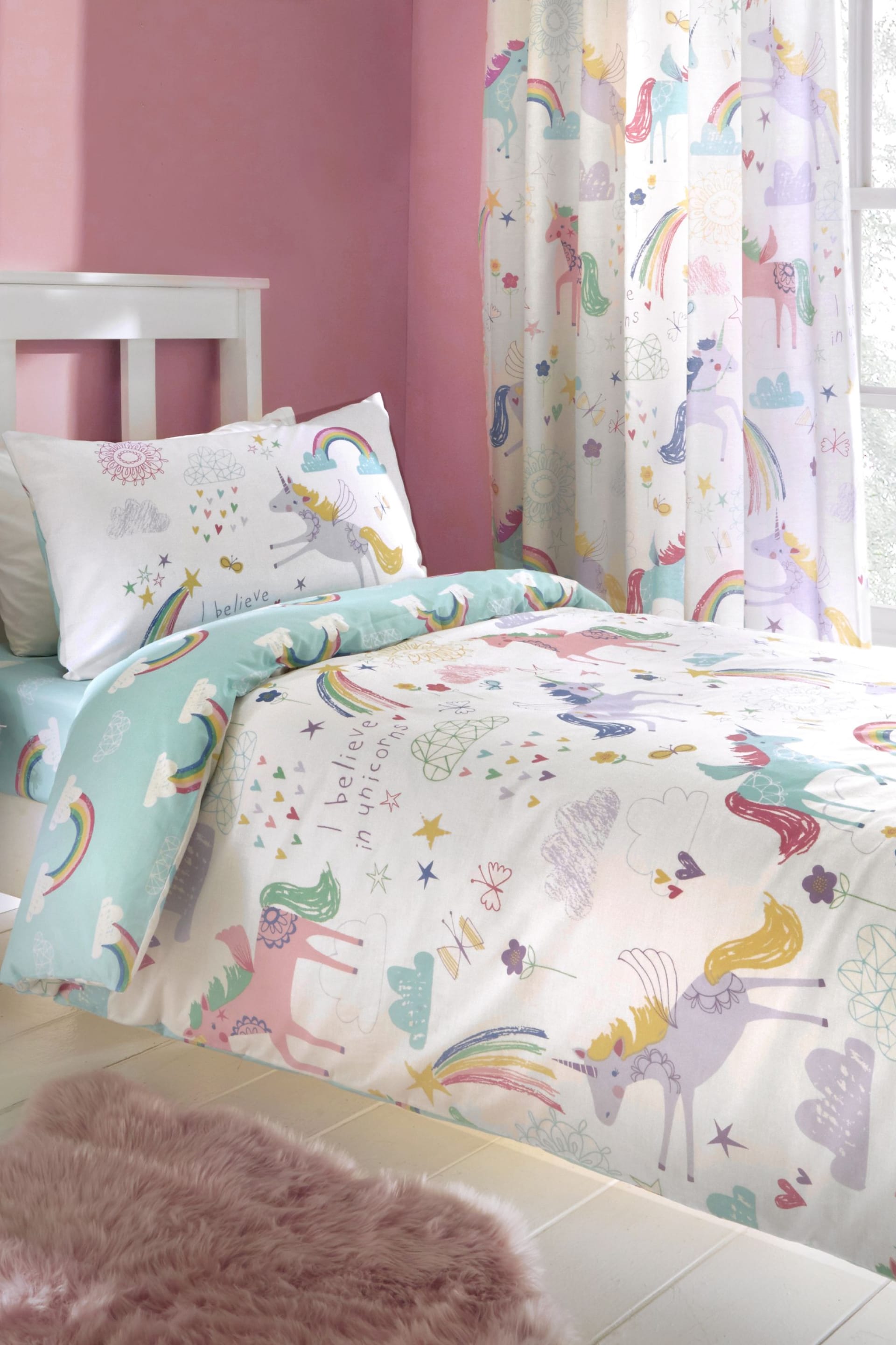 Bedlam White/Green Rainbow Unicorn Duvet Cover and Pillowcase Set - Image 2 of 5