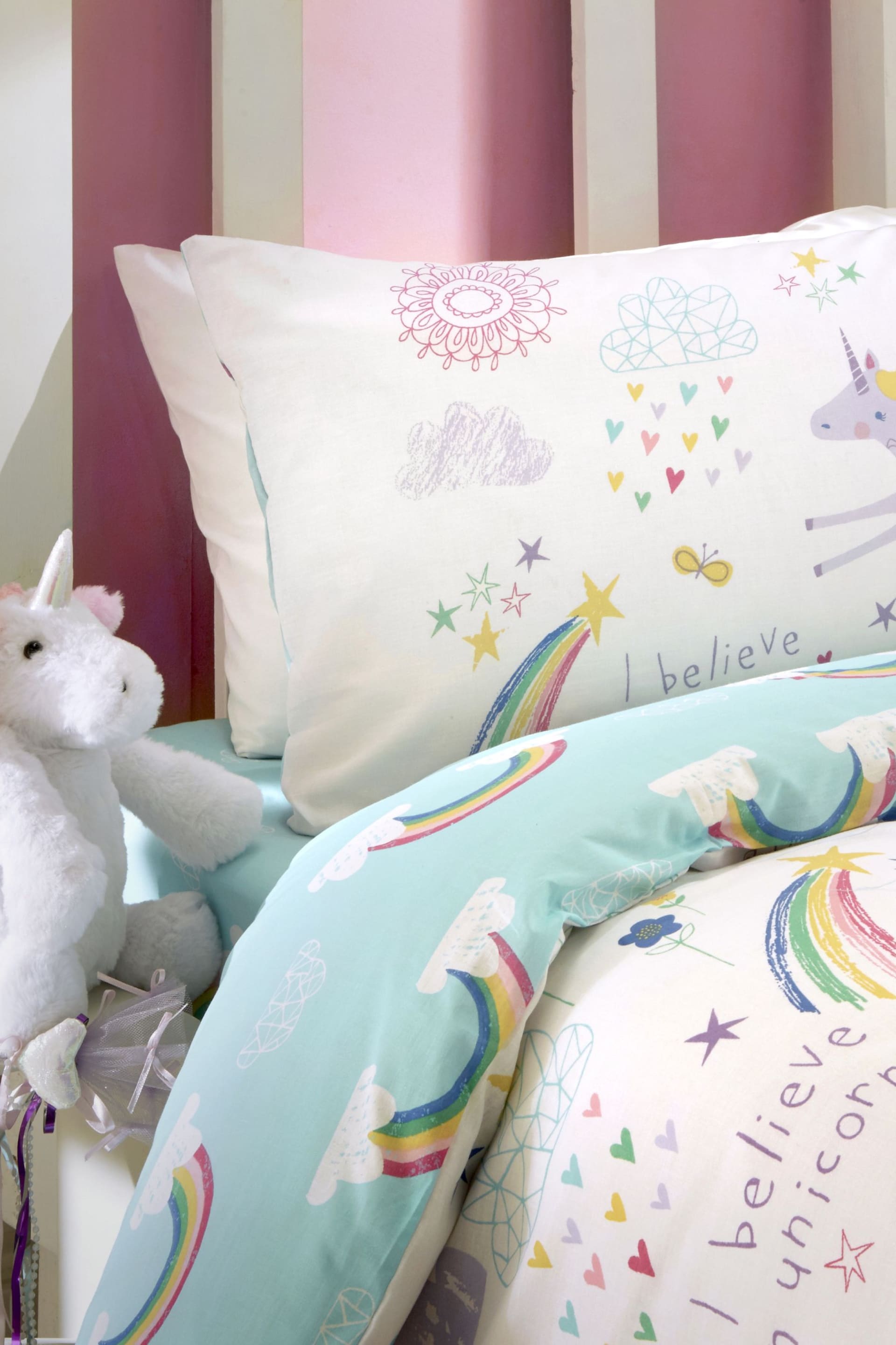 Bedlam White/Green Rainbow Unicorn Duvet Cover and Pillowcase Set - Image 3 of 5