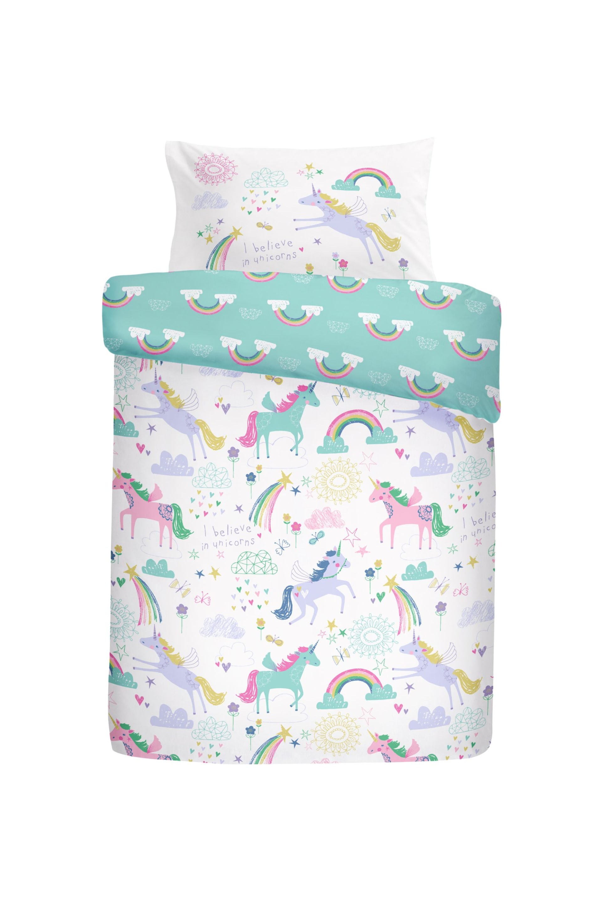 Bedlam White/Green Rainbow Unicorn Duvet Cover and Pillowcase Set - Image 5 of 5