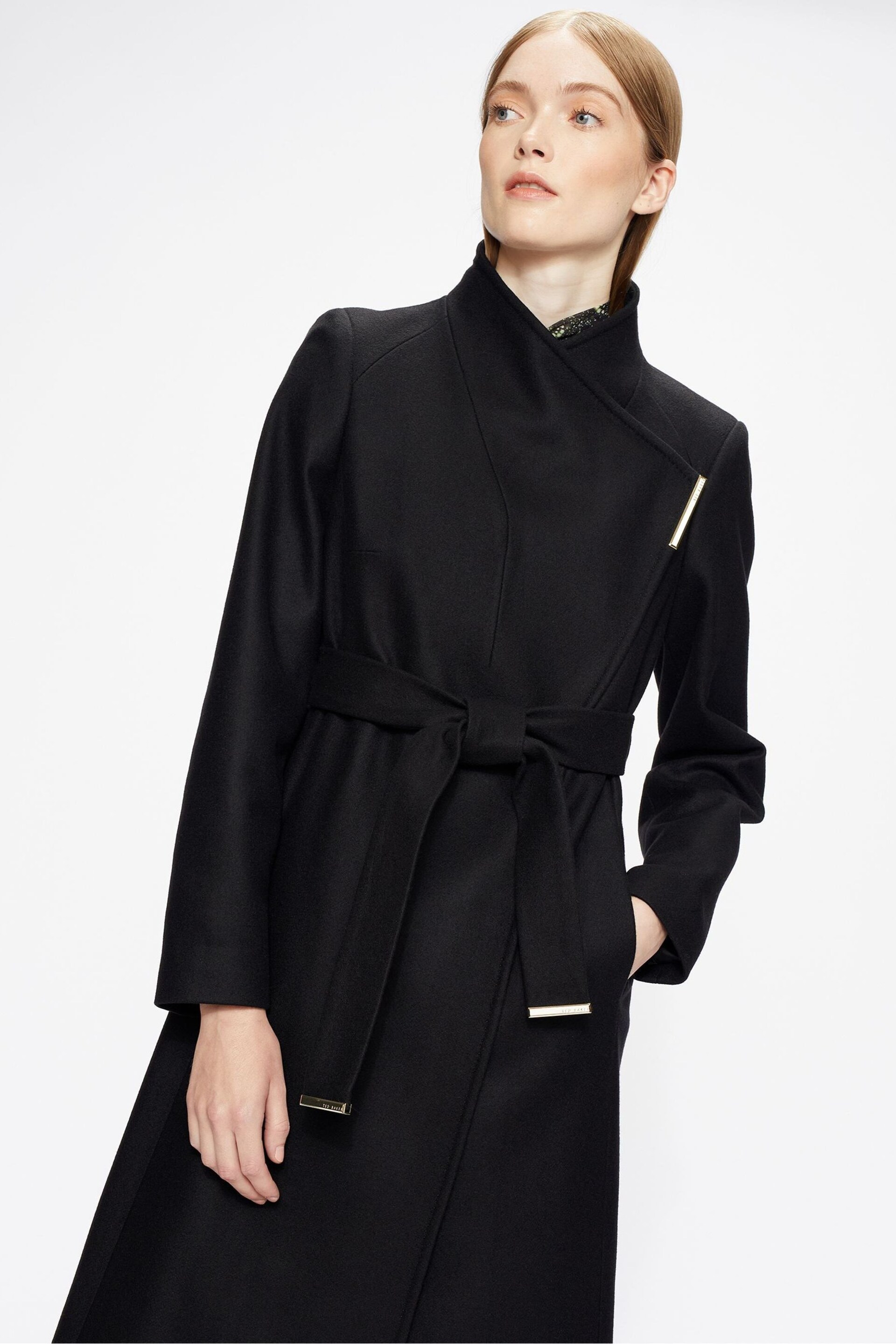 Ted Baker Black Long Length Rosell Wool Wrap Coat - Image 3 of 5