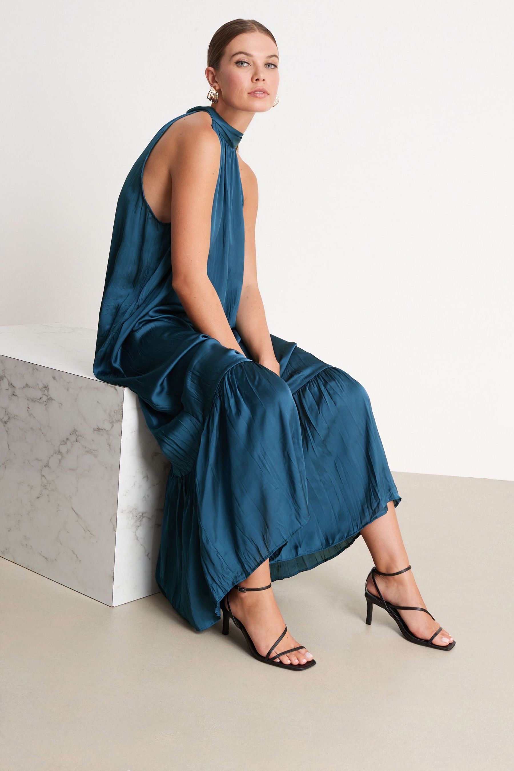 Buy Blue High Neck Satin Maxi Dress from Next Luxembourg