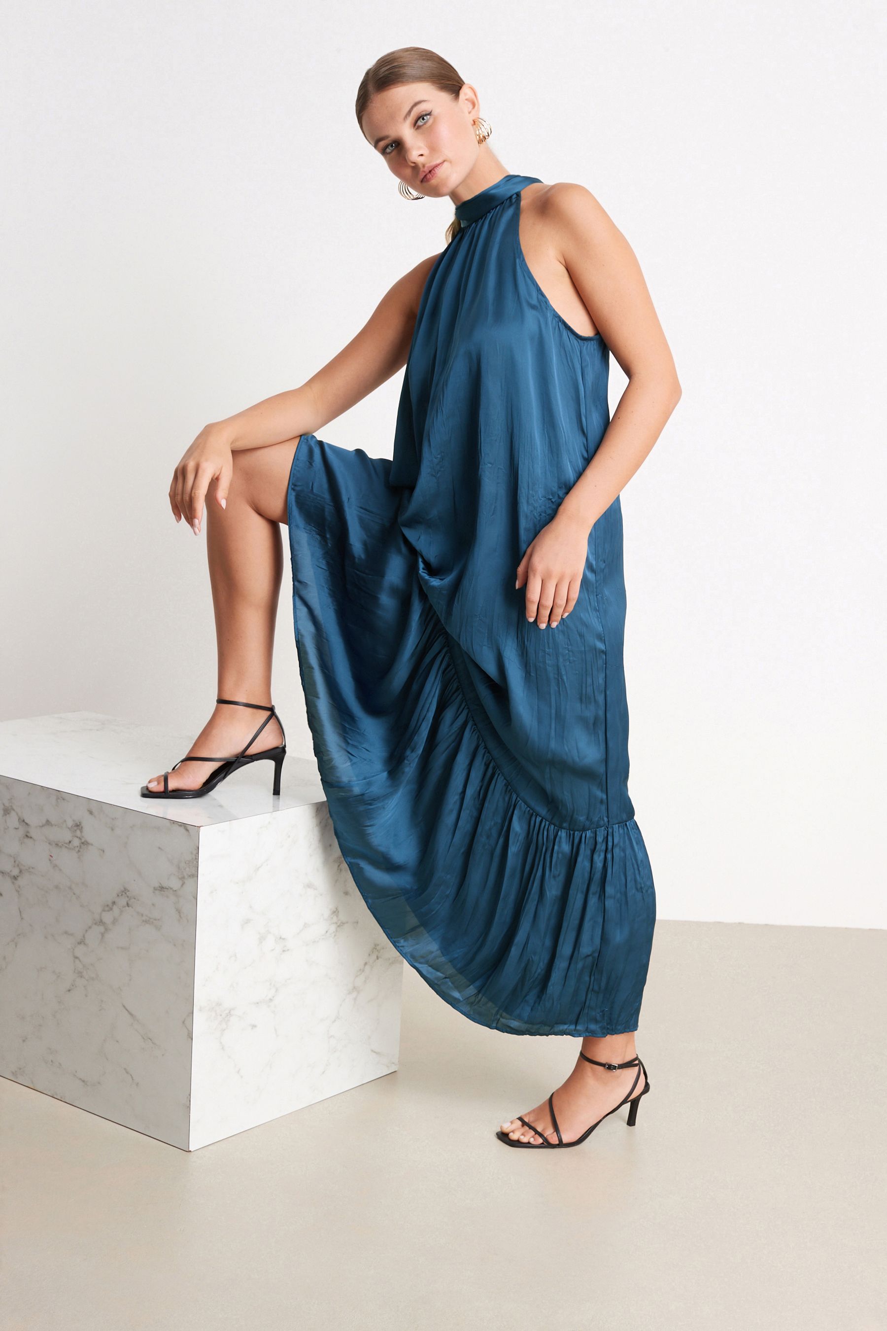 High neck satin maxi dress sales