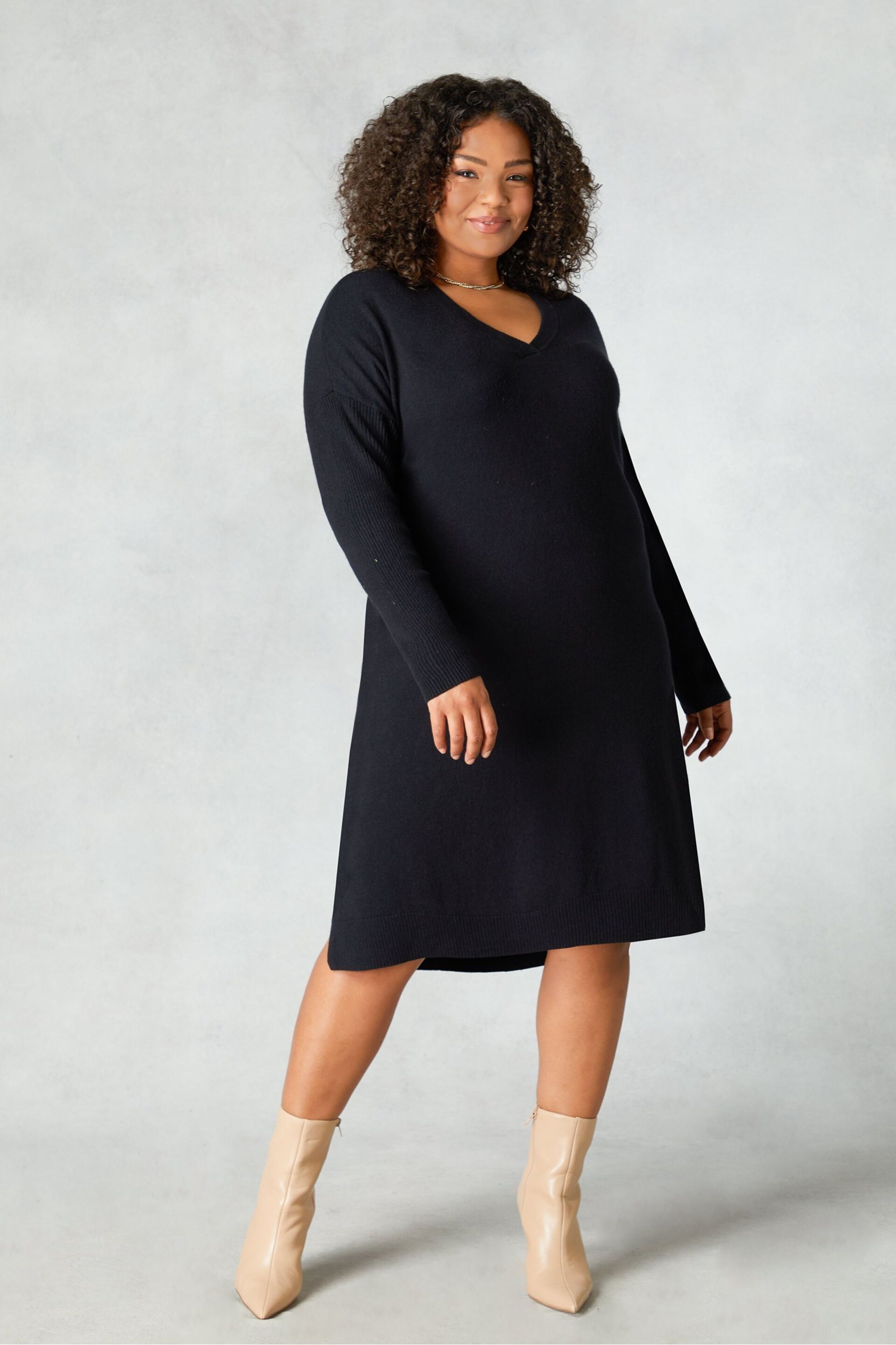 Live Unlimited Black Knitted V-Neck Dress - Image 1 of 5