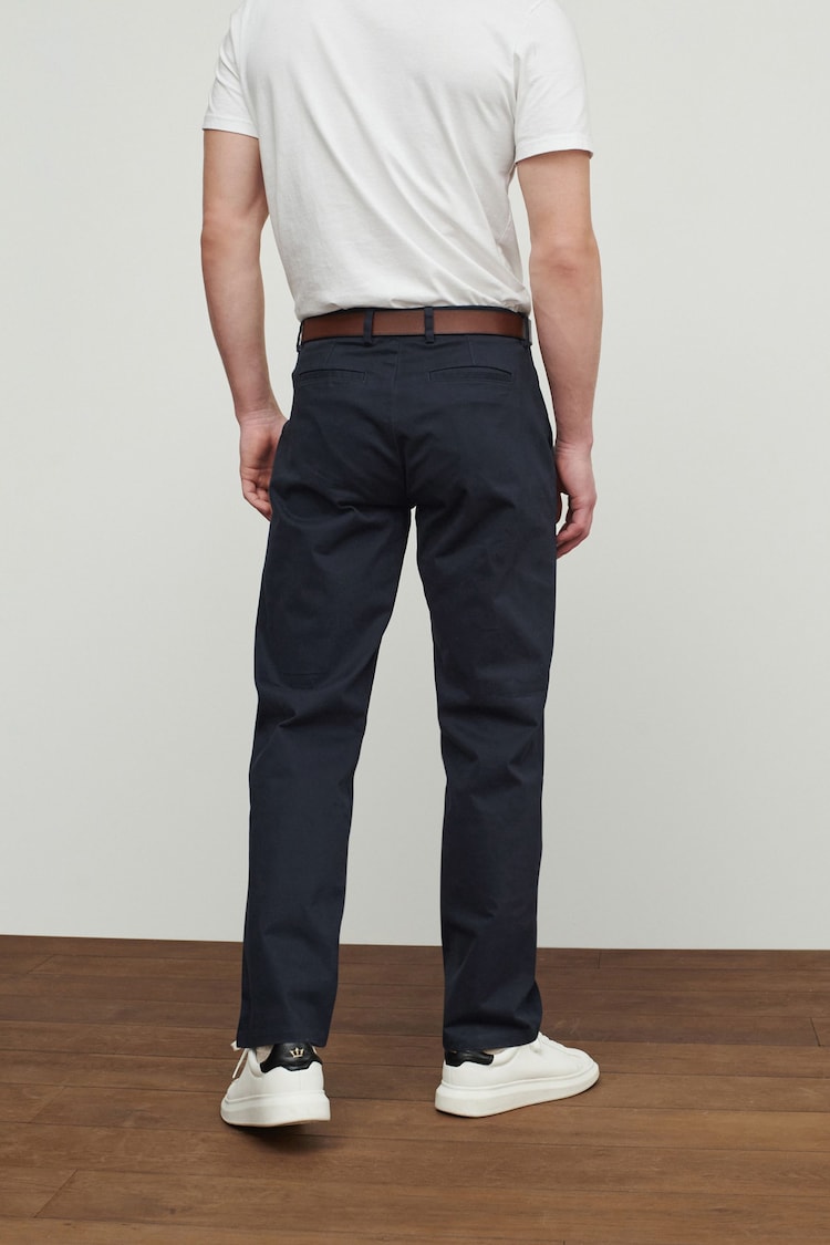 Navy Blue Straight Fit Belted Soft Touch Chino Trousers - Image 3 of 7