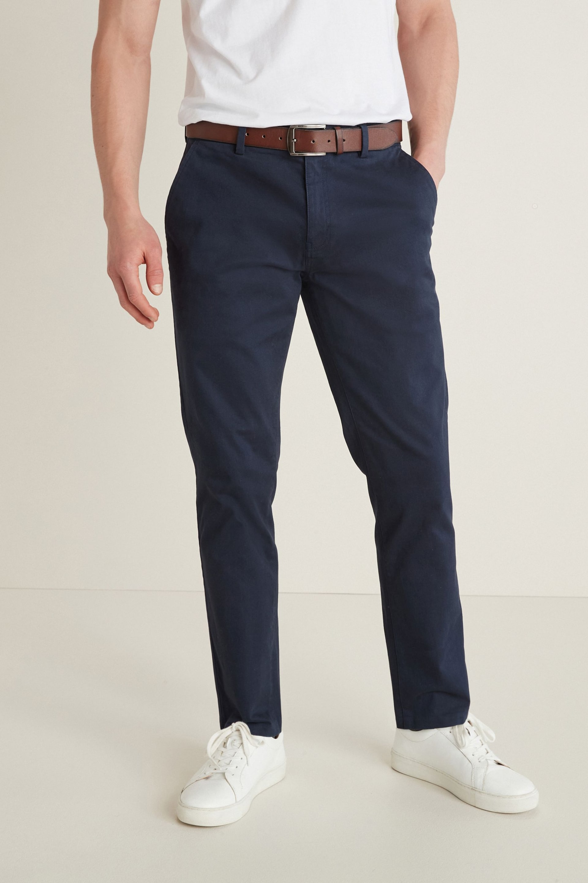 Navy Blue Slim Fit Belted Soft Touch Chino Trousers - Image 1 of 8