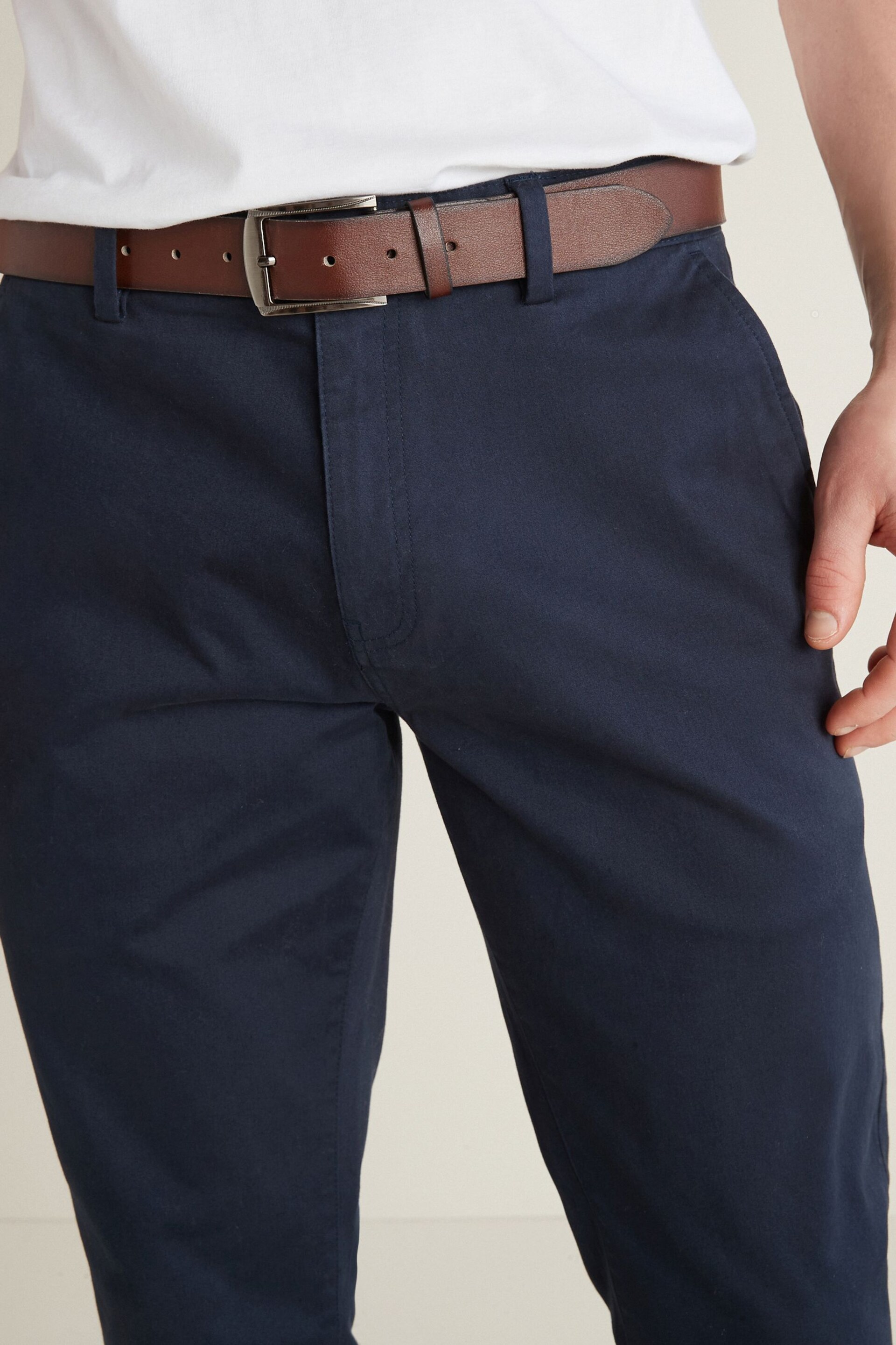 Navy Blue Slim Fit Belted Soft Touch Chino Trousers - Image 4 of 8