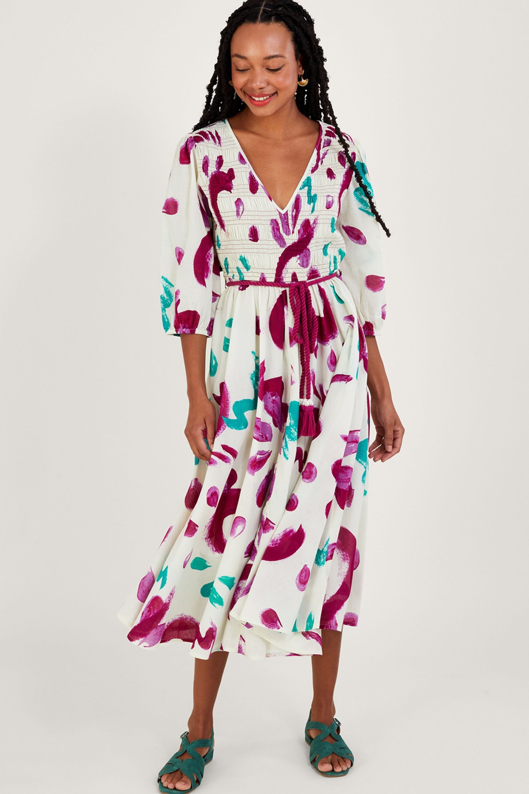 Buy Monsoon Cream Abstract Brushstroke Print Shirred Midi Dress in Sustainable Cotton from Next Luxembourg