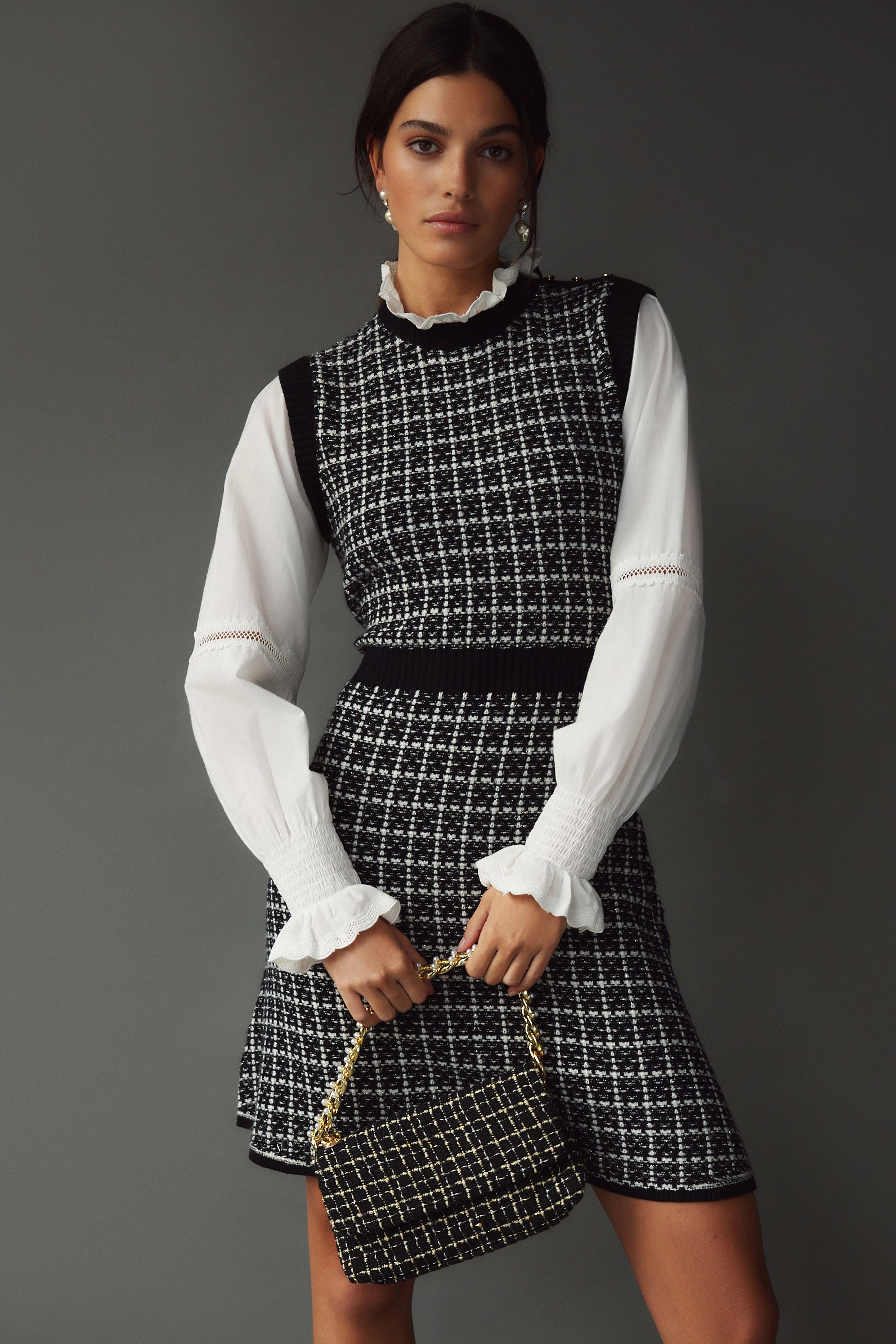 Black tweed pinafore dress sales
