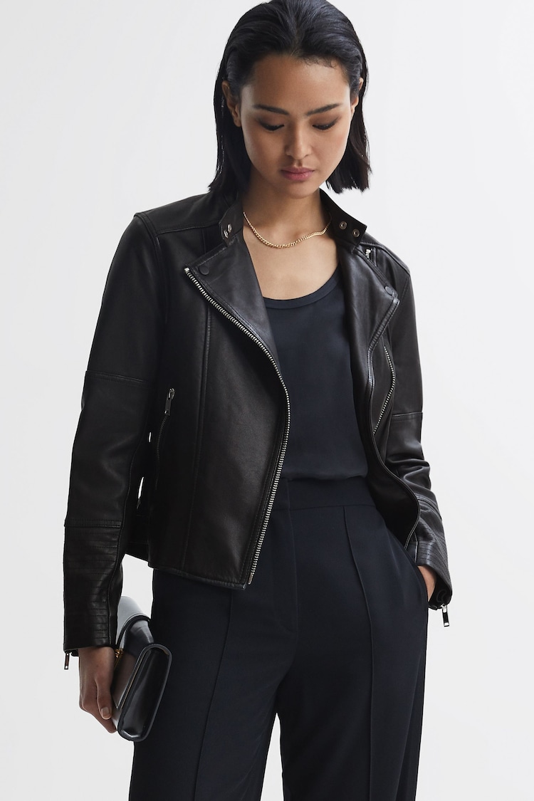 Reiss Black Tallis Leather Biker Jacket - Image 1 of 6