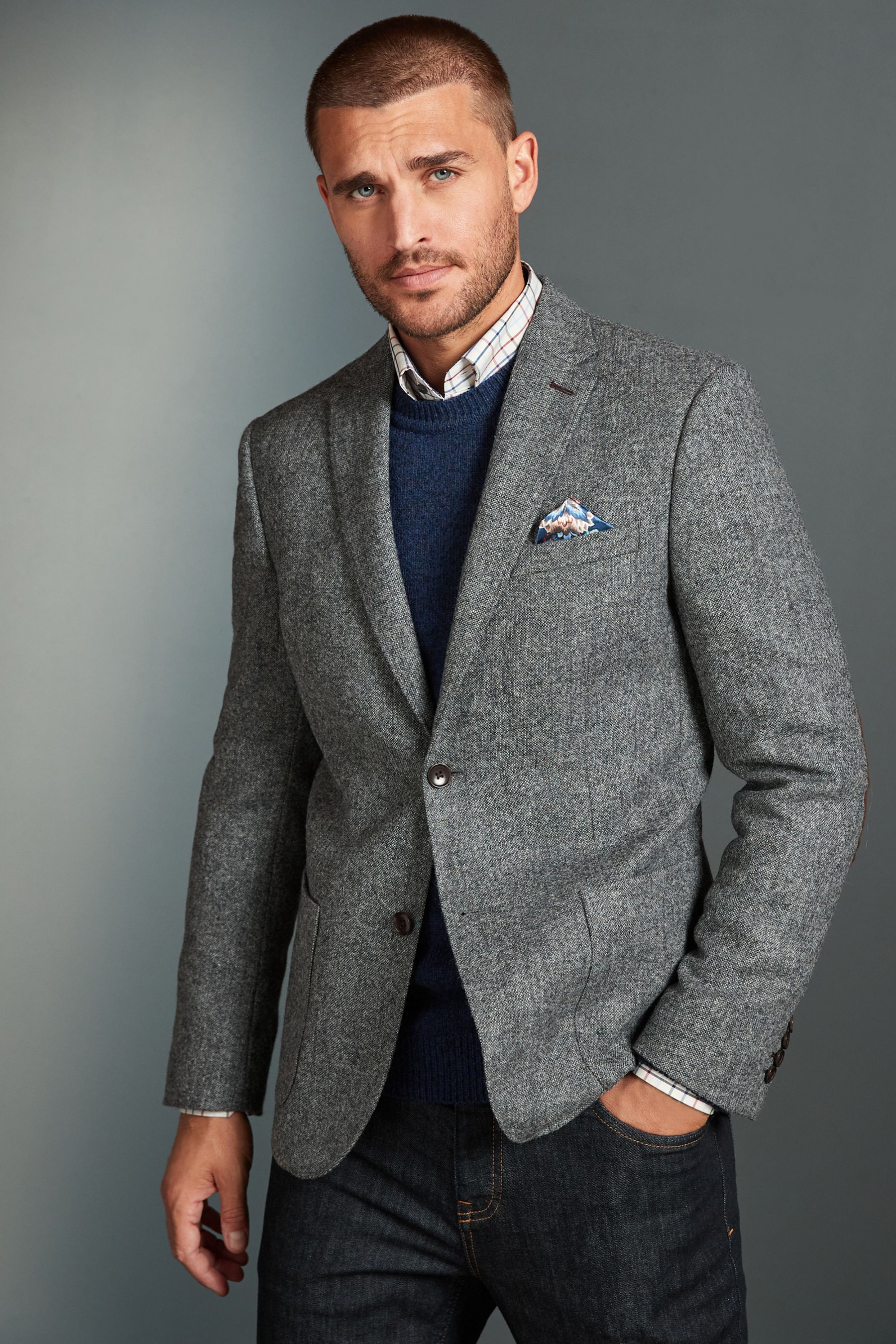 Buy Grey Signature Moons British Wool Textured Blazer With Elbow Patches from Next Luxembourg