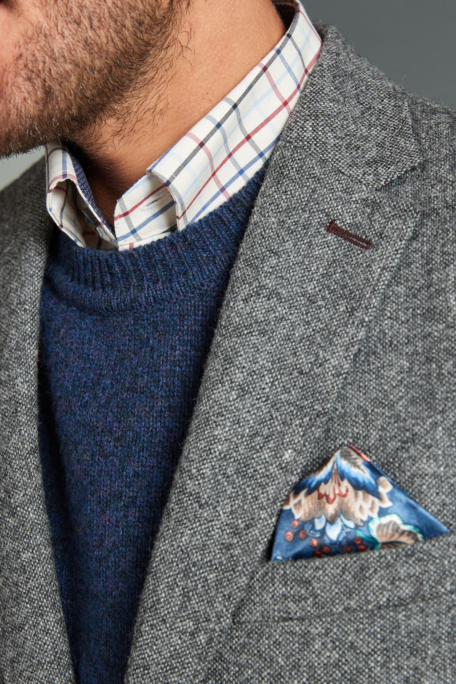 Grey Signature Moons British Wool Textured Blazer With Elbow Patches