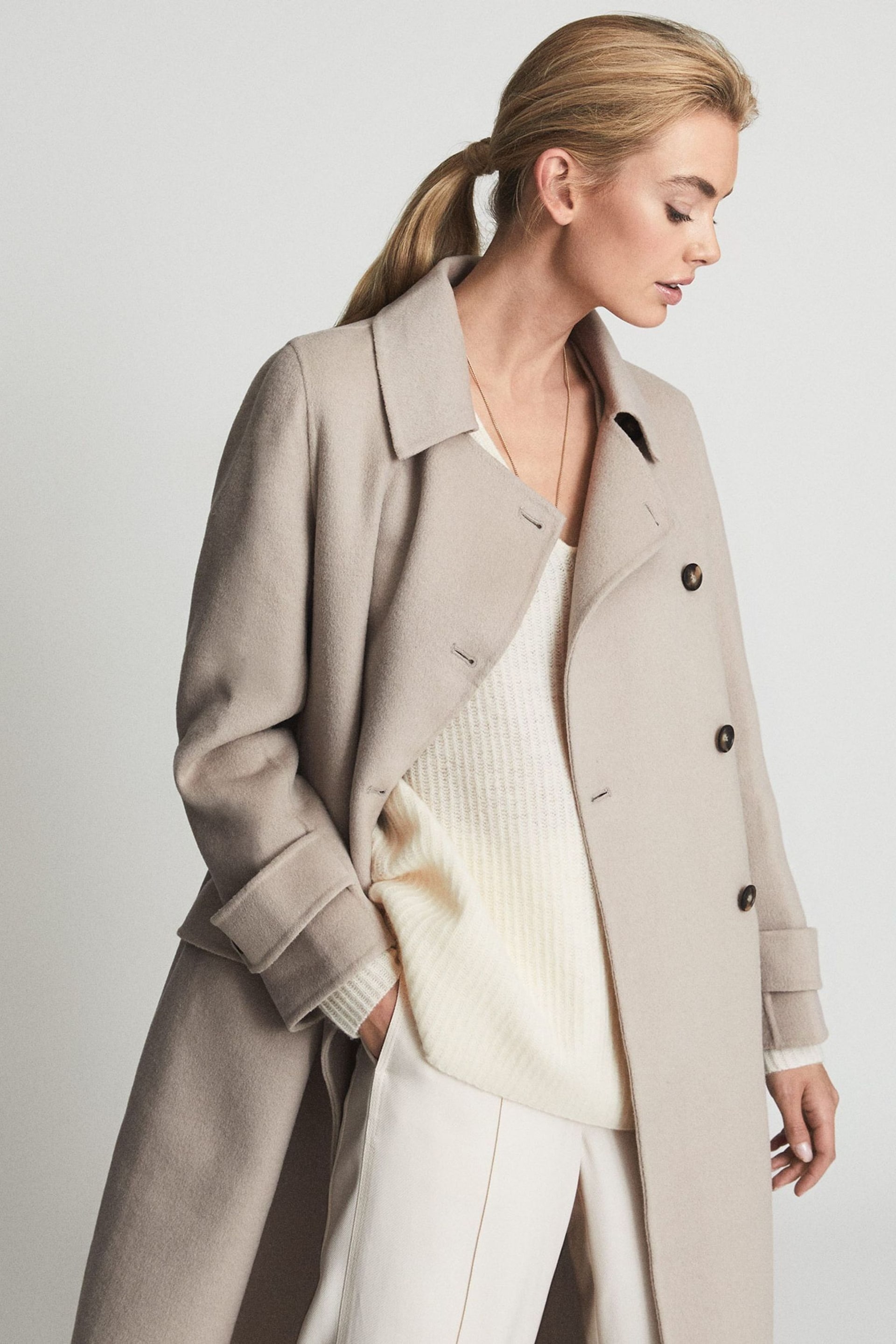 Reiss Oatmeal Lexi Button Blindseam Long Coat - Image 3 of 8