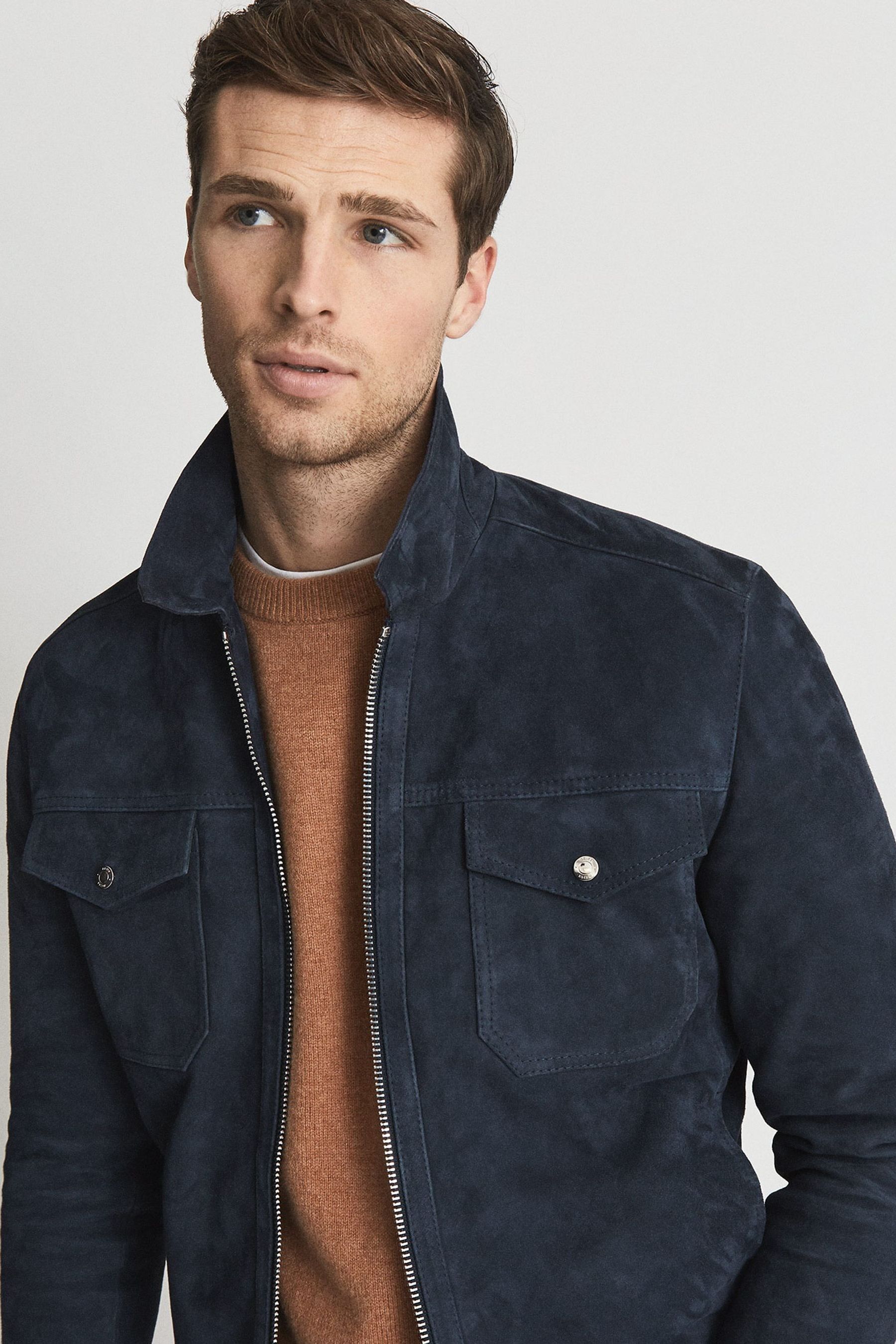 Buy Reiss Airforce Blue Pike Suede Zip Through Trucker Jacket from the Next UK online shop