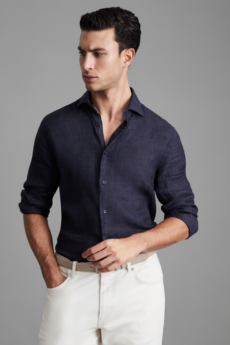 Reiss Navy Ruban Linen Button-Through Shirt - Image 1 of 5