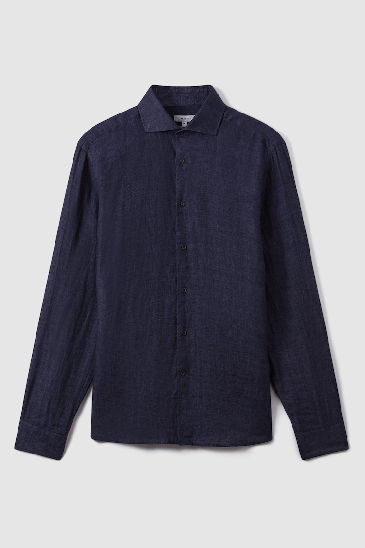 Reiss Navy Ruban Linen Button-Through Shirt - Image 2 of 5