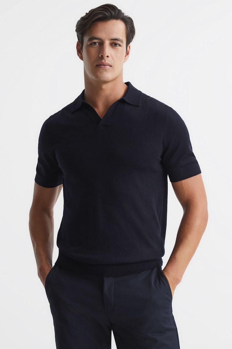 Reiss Navy Duchie Merino Wool Open Collar Polo Shirt - Image 1 of 7