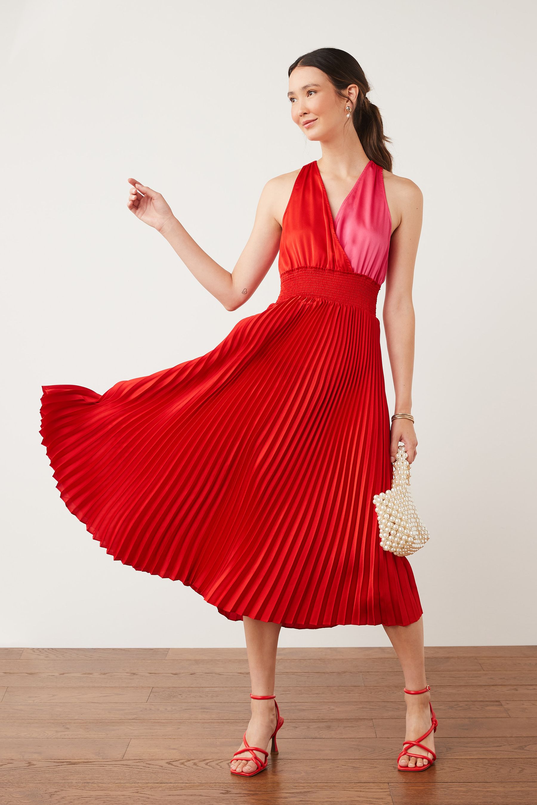 Red pleated midi dress best sale