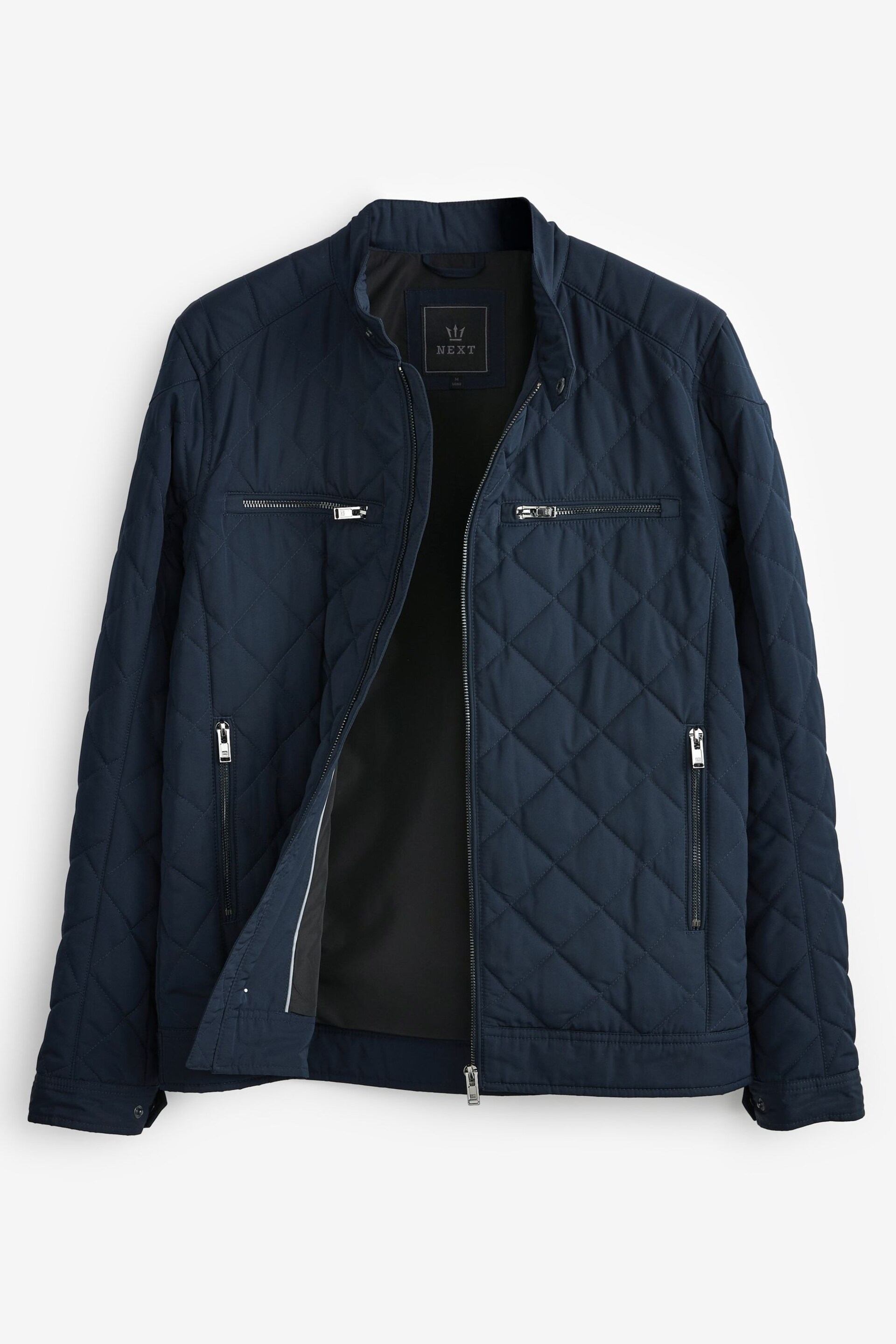 Navy Blue Shower Resistant Diamond Quilt Racer Neck Jacket - Image 9 of 11