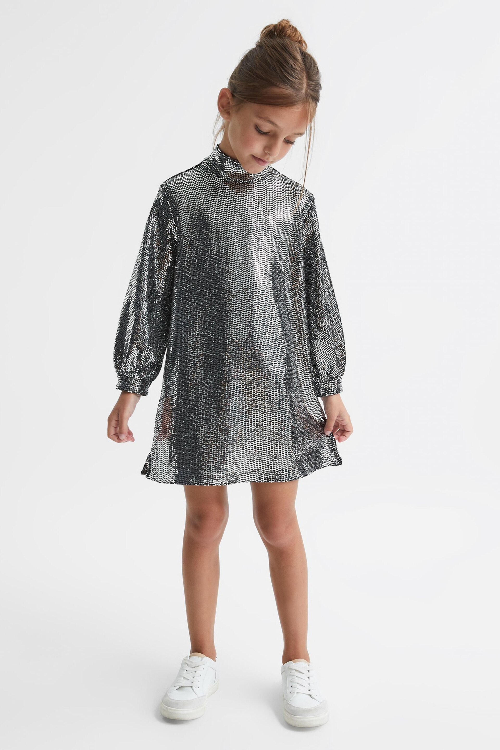 Reiss Silver Ariana Senior Sequin Short Skater Dress - Image 3 of 9