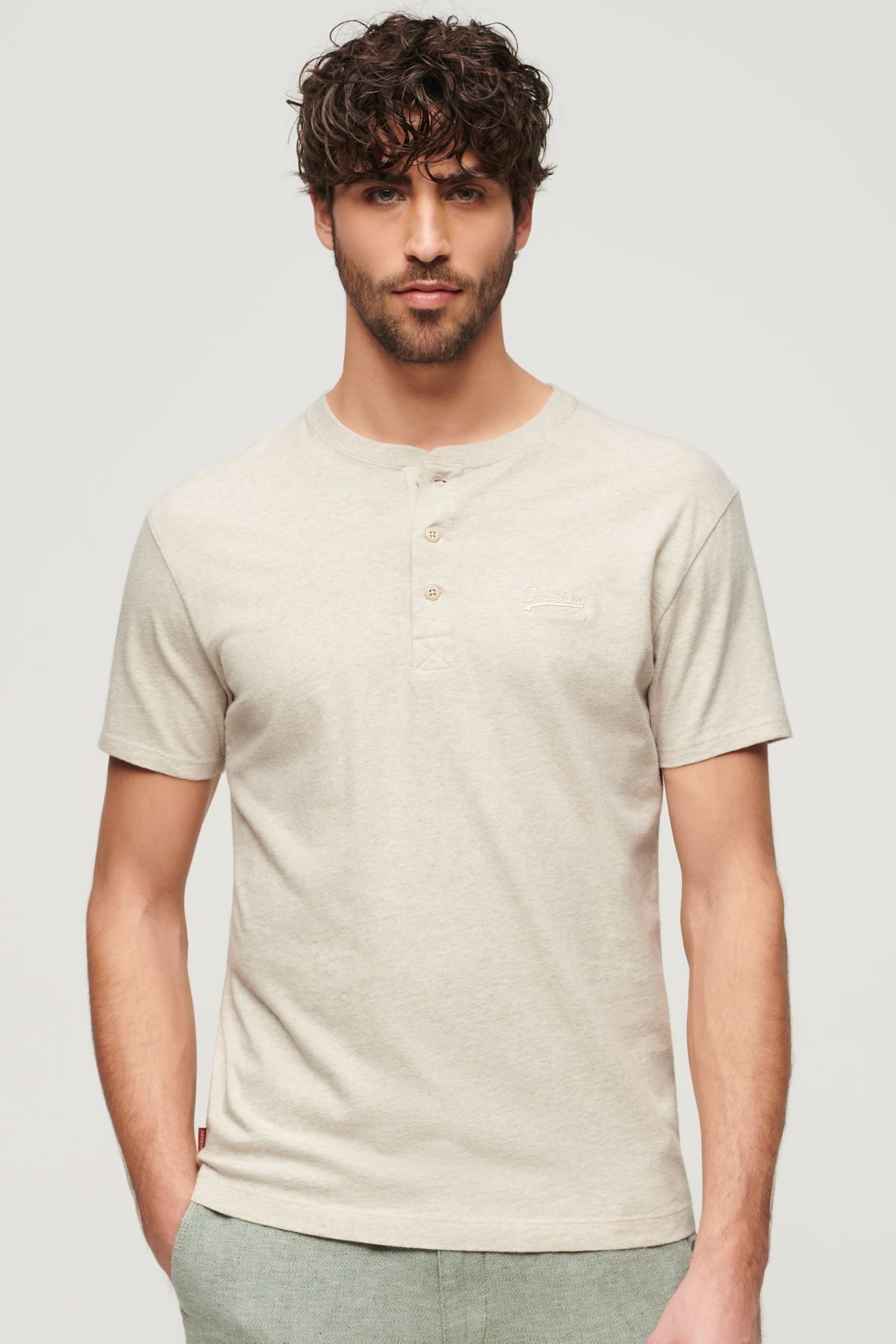 Superdry Cream Organic Cotton Cream Embroidered Henley Top - Image 1 of 7
