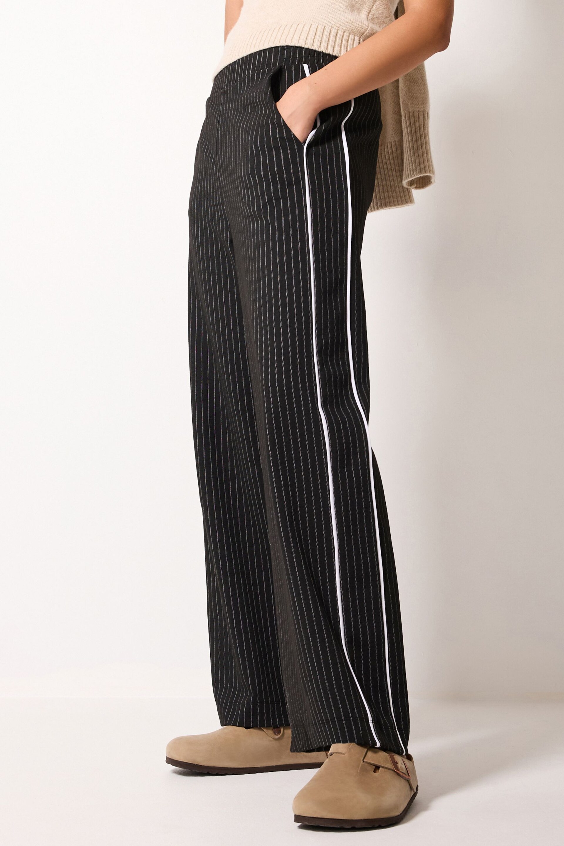 Black Pinstripe Jersey Wide Leg Side Stripe Trousers - Image 2 of 5