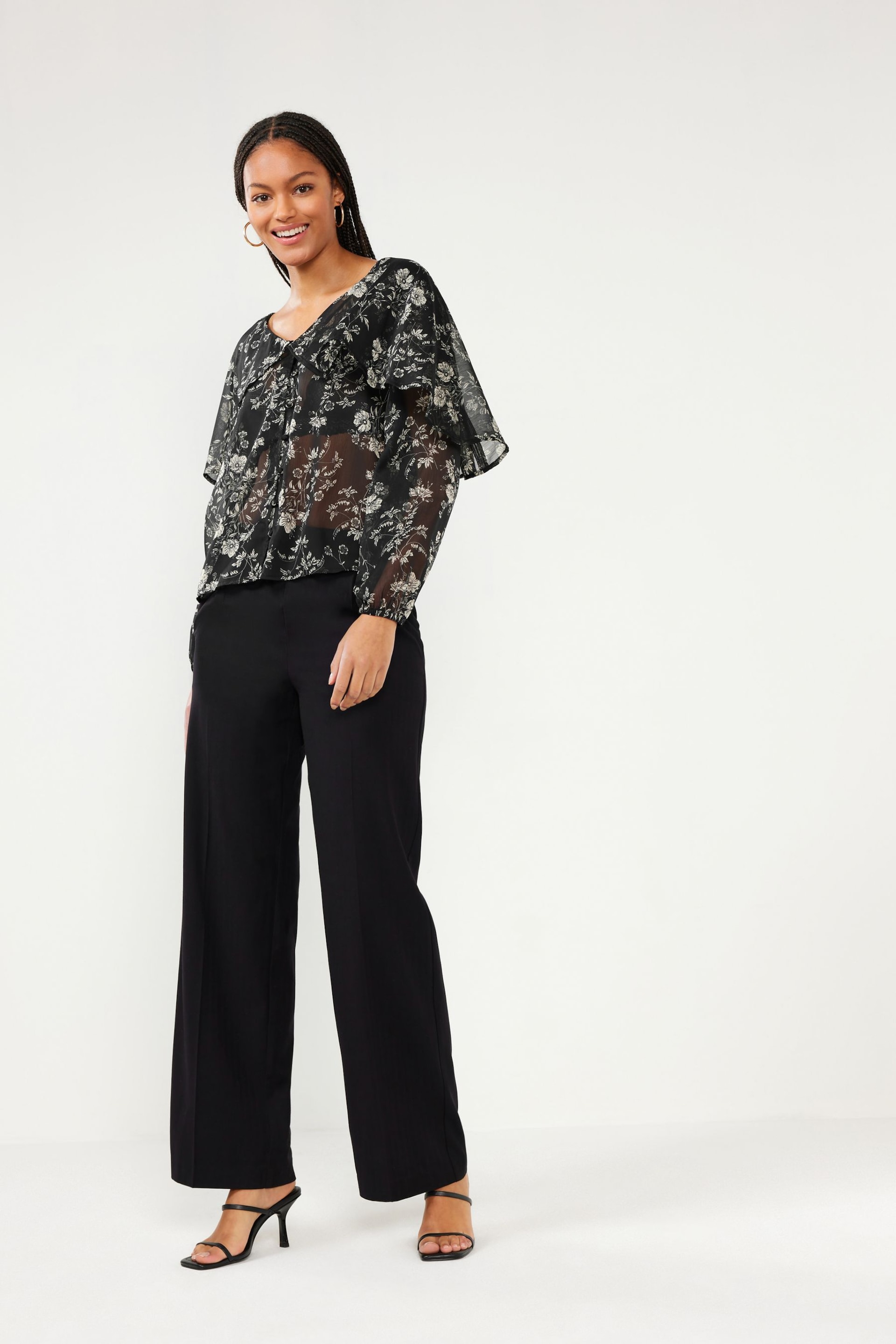 Black Ditsy Cape Long Sleeve Blouse - Image 2 of 5