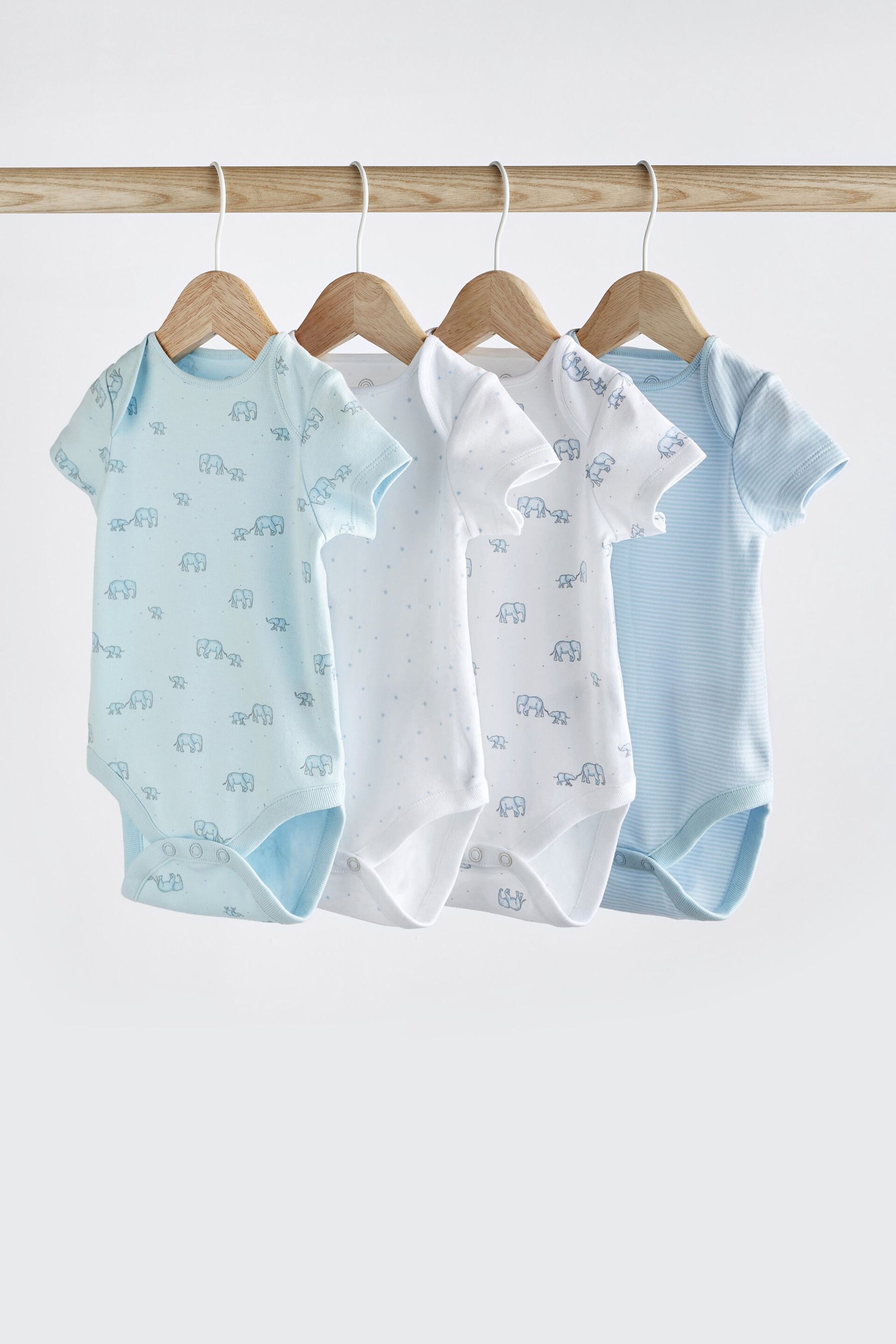 Blue/White Elephant 4 Pack Short Sleeve Baby Bodysuits - Image 1 of 12