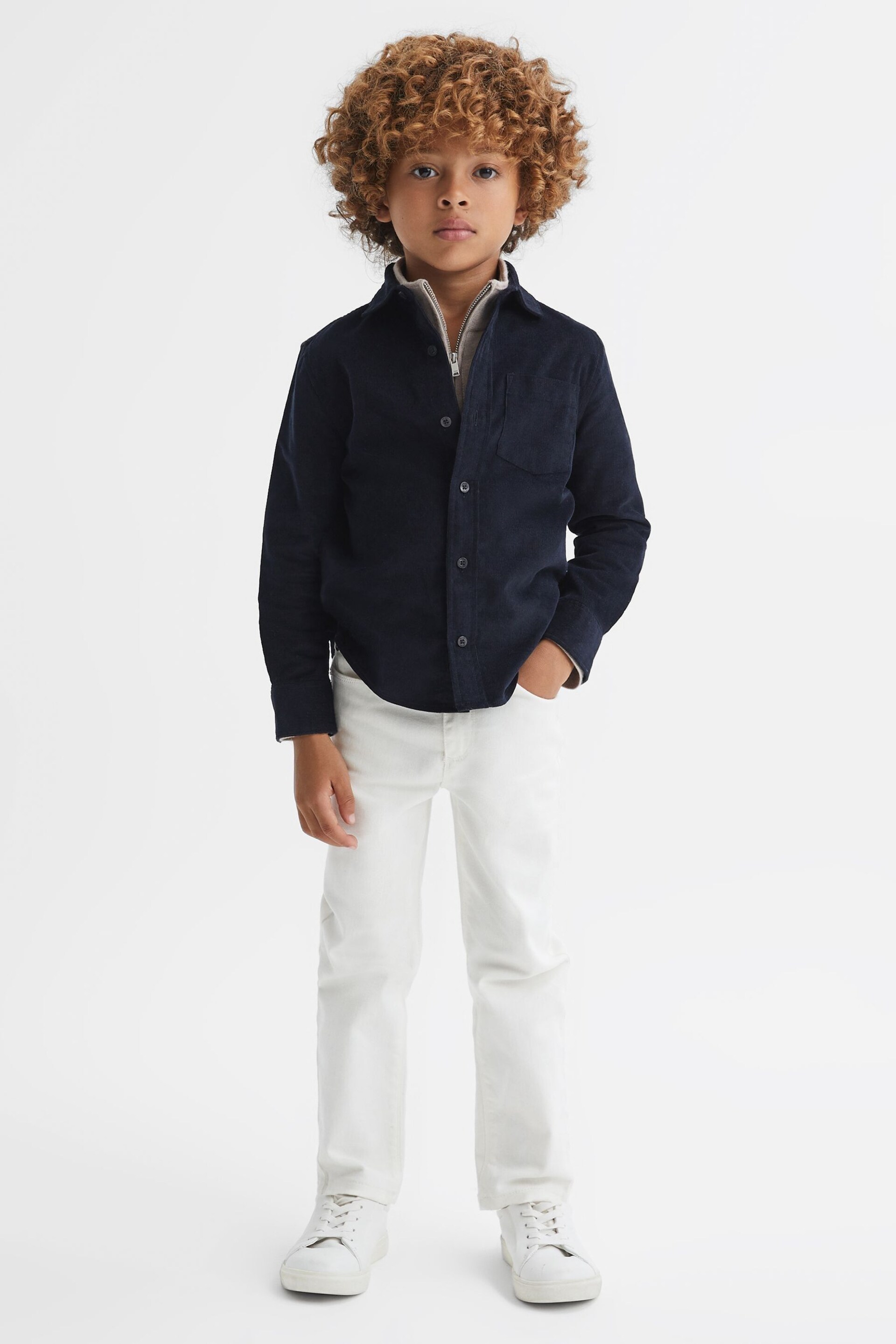 Reiss Navy Albion Junior Corduroy Cutaway Collar Shirt - Image 1 of 6