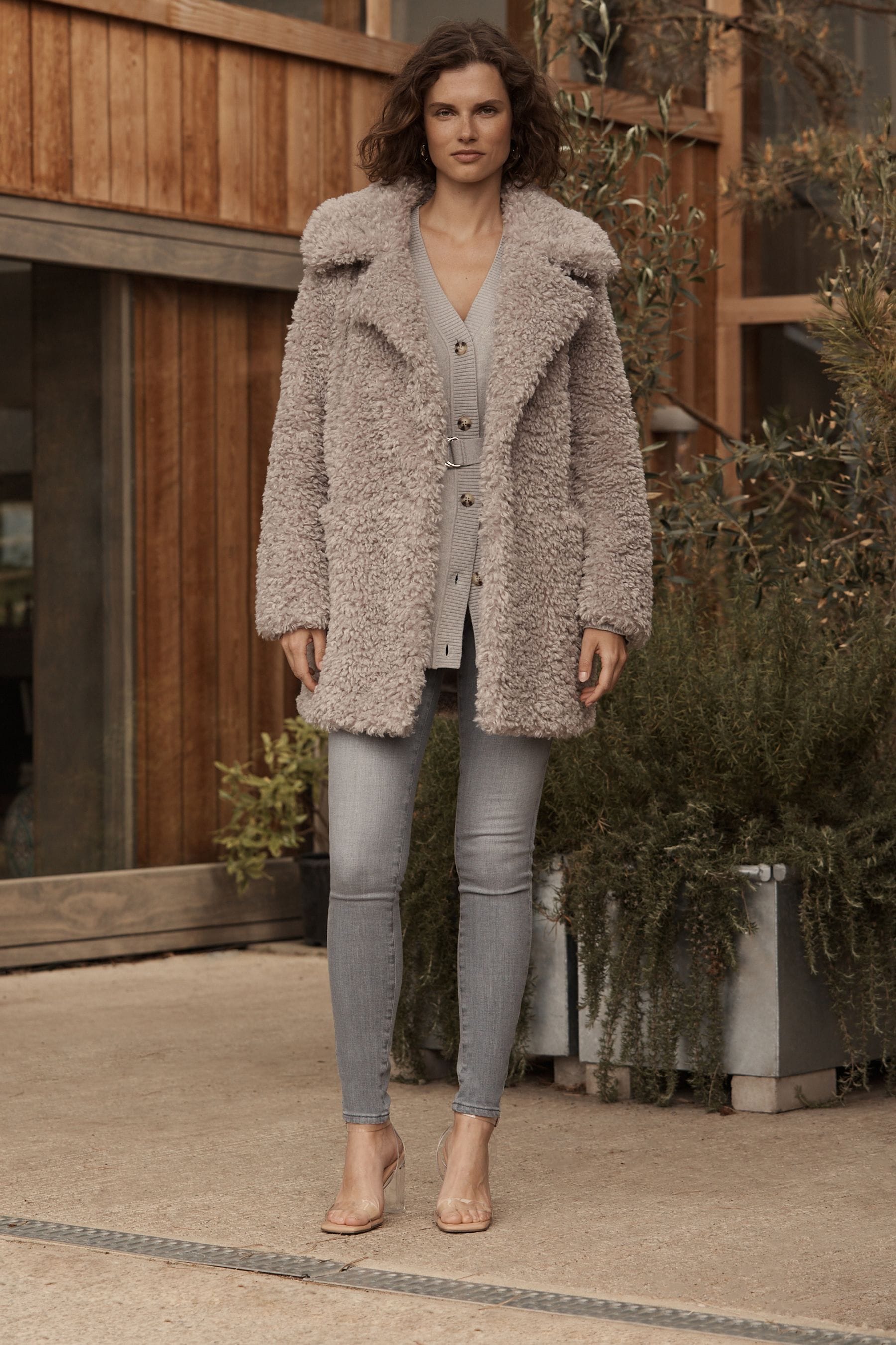 Buy Gris glace Manteau en imitation peau de mouton effet pelucheux from Next Luxembourg