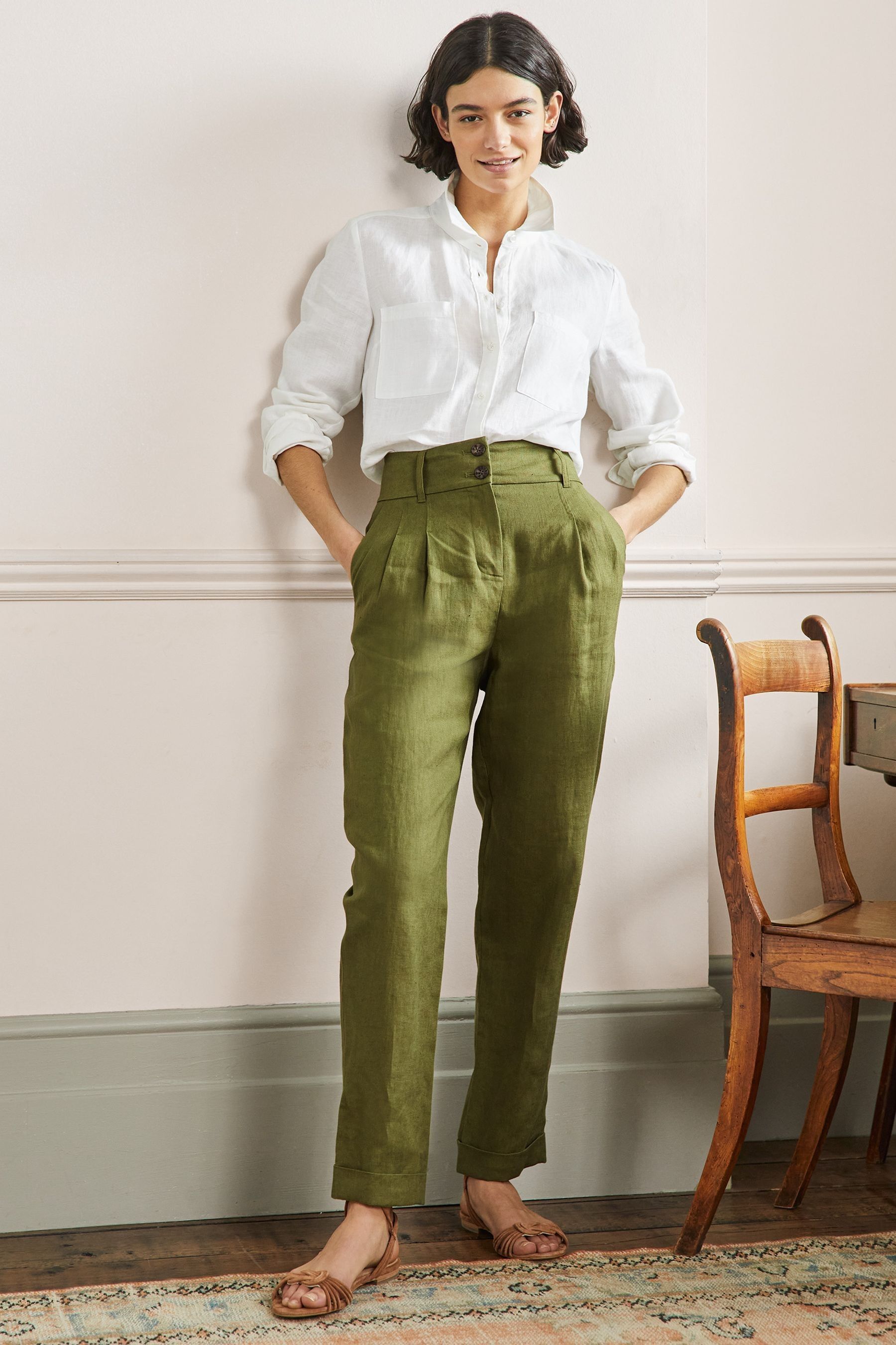 Buy Boden Green Turn Up Linen Trousers from Next Luxembourg
