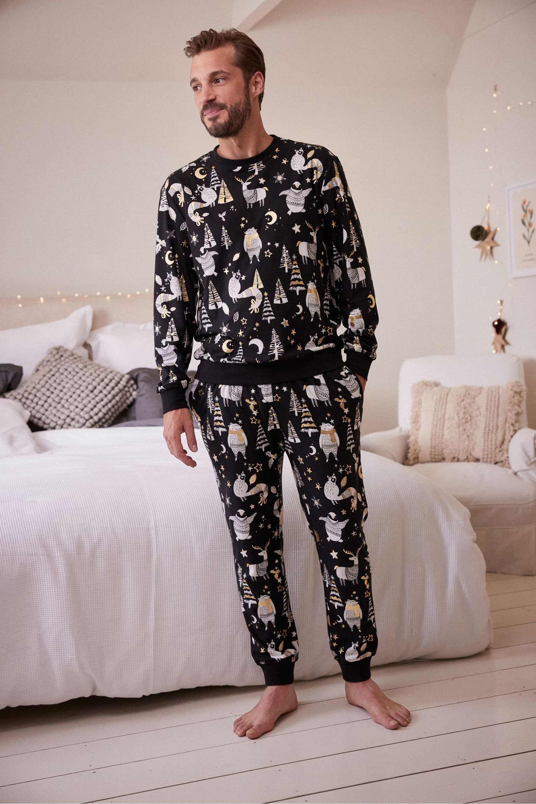 Buy Black White Next Matching Mens Family Woodland Pyjamas from Next Luxembourg