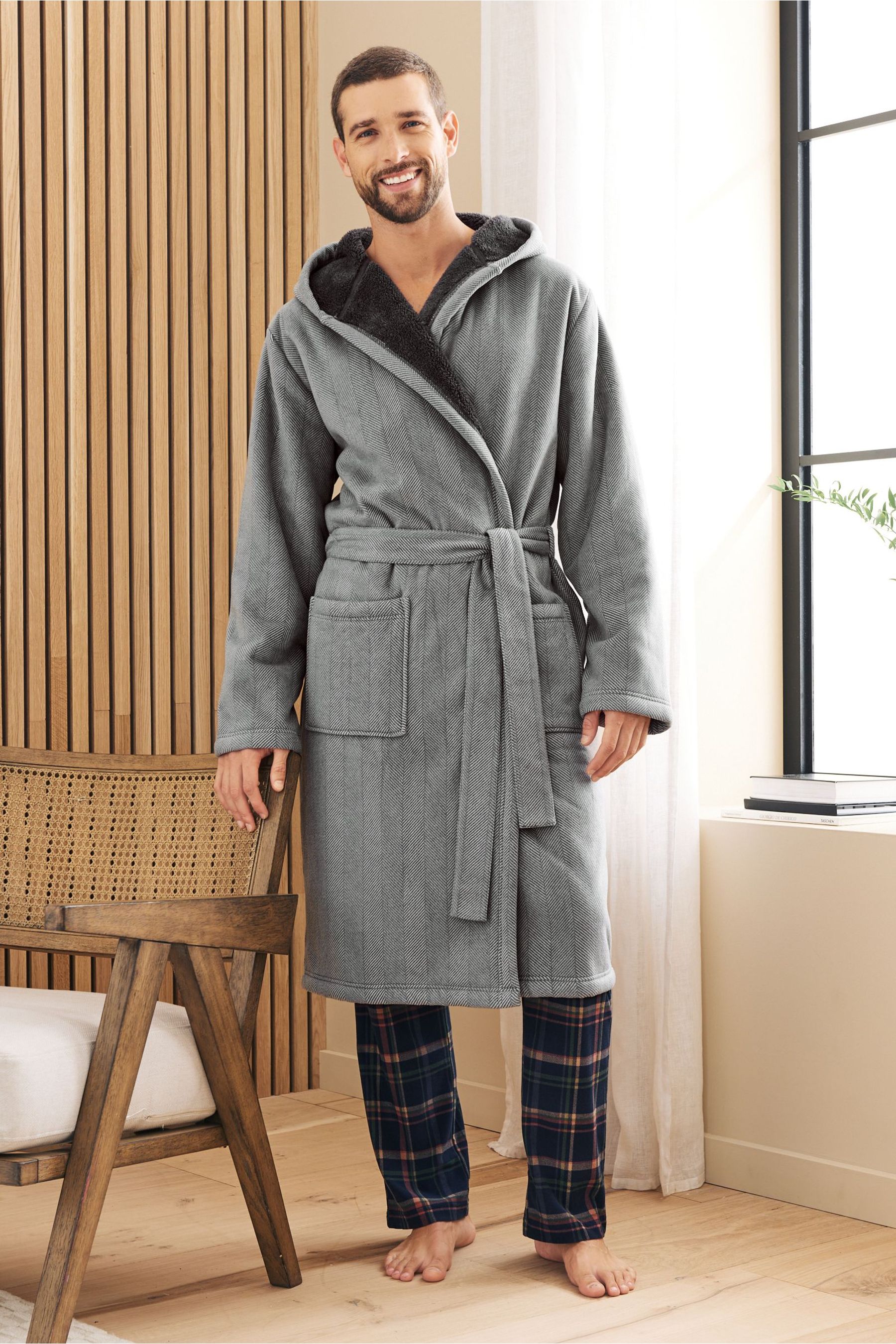 Buy Grey Herringbone Signature Borg Lined Dressing Gown from Next Luxembourg