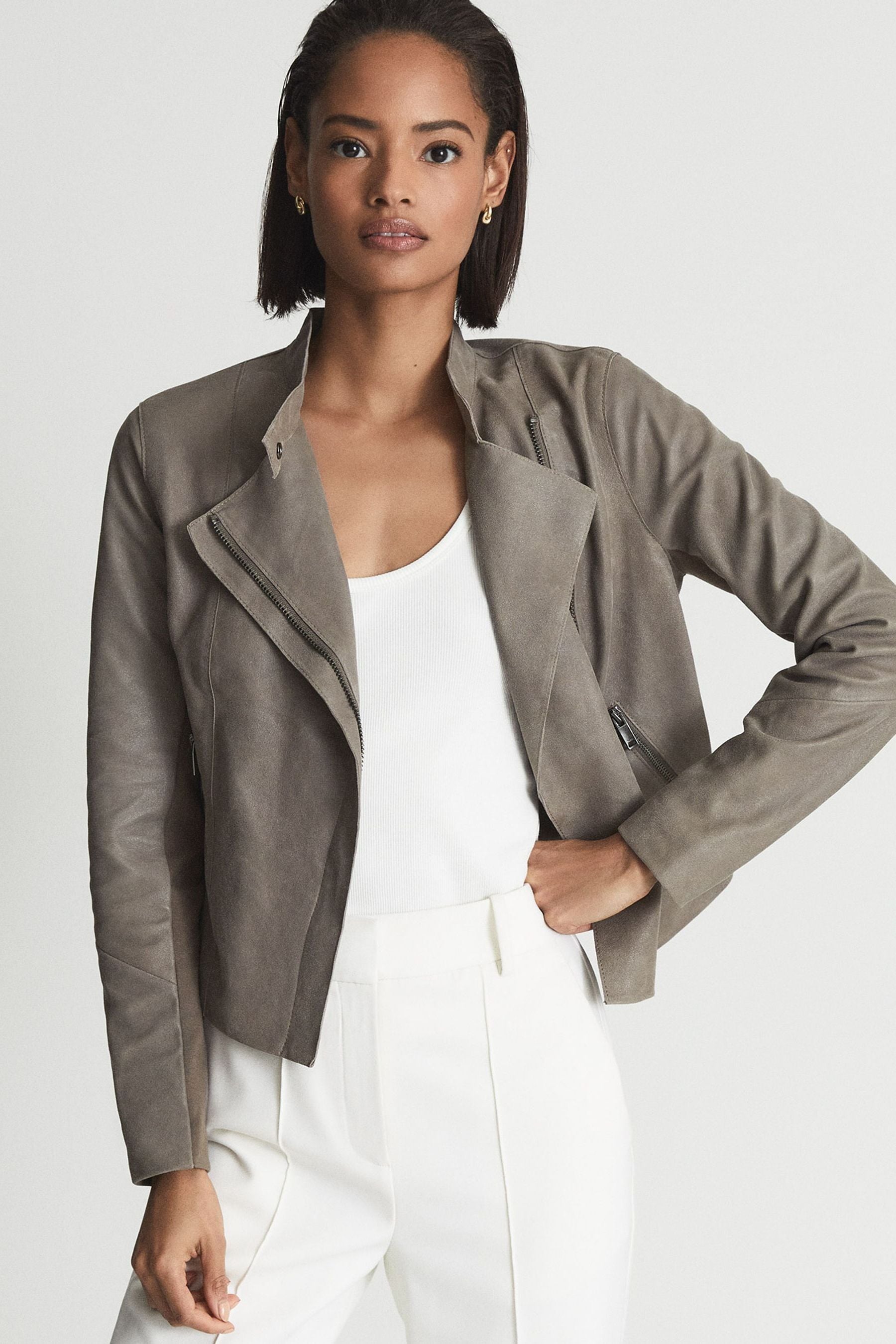 Buy Reiss Grey Clover Suede Tab Collar Leather Jacket from the Next UK online shop