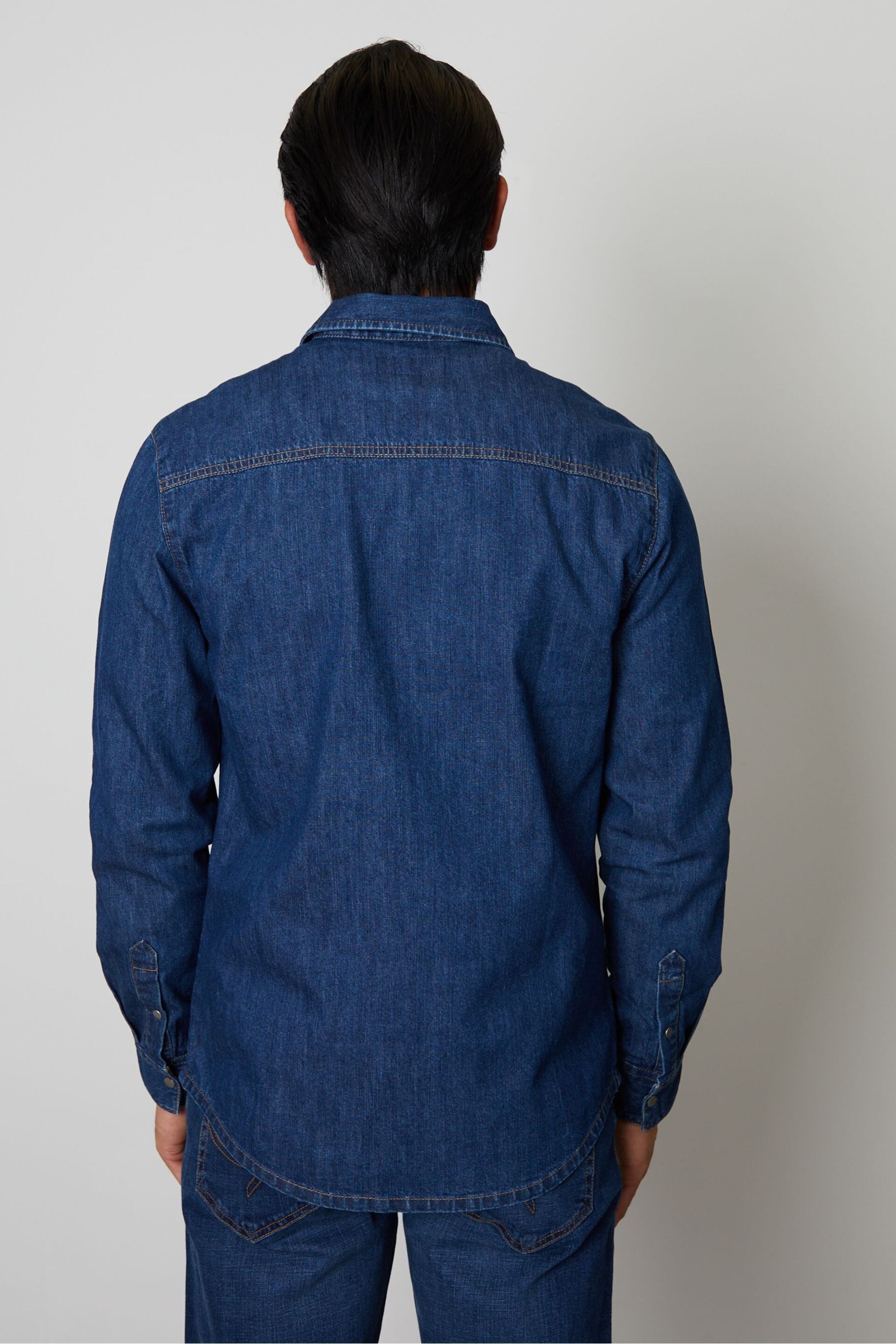 Threadbare Mid Blue Denim Long Sleeve Cotton Shirt - Image 2 of 5