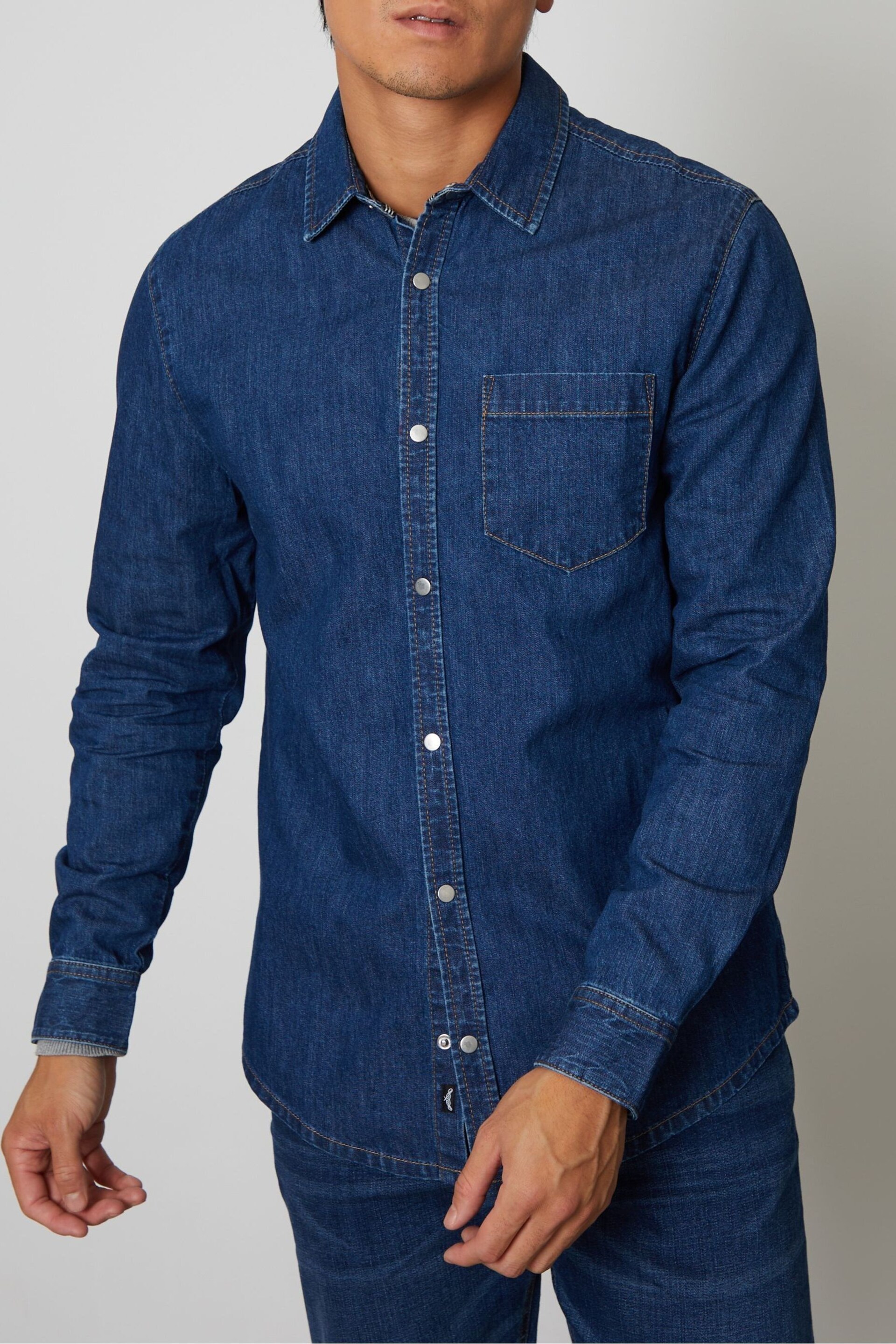 Threadbare Mid Blue Denim Long Sleeve Cotton Shirt - Image 3 of 5