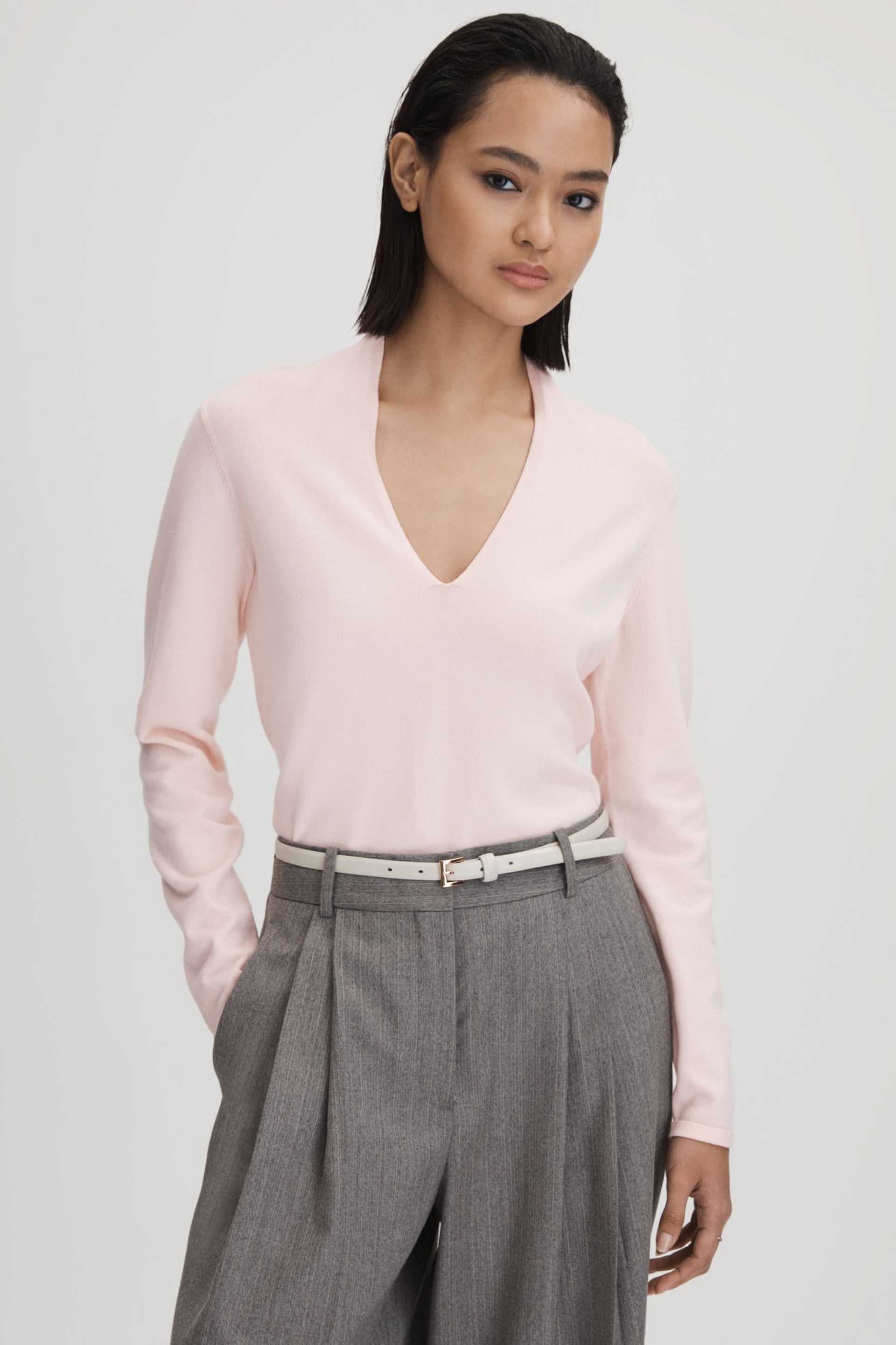 Reiss Light Pink Lina Ruche Half-Funnel Neck Top - Image 1 of 5