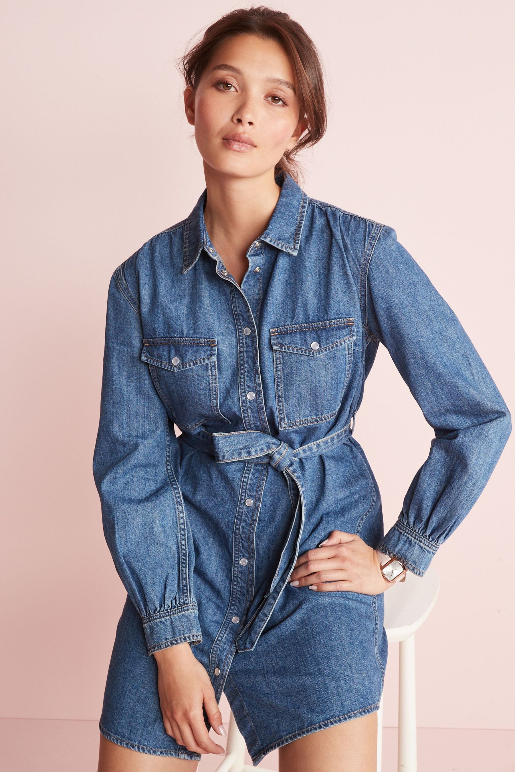 Buy Dark Blue Gathered Shoulder Detail Belted Denim Shirt Dress from Next Belgium