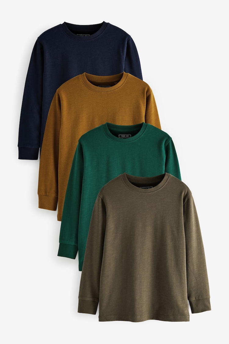 Tan Brown/Khaki Green Long Sleeve Cosy 100% Cotton T-Shirts 4 Pack (3-16yrs) - Image 1 of 2