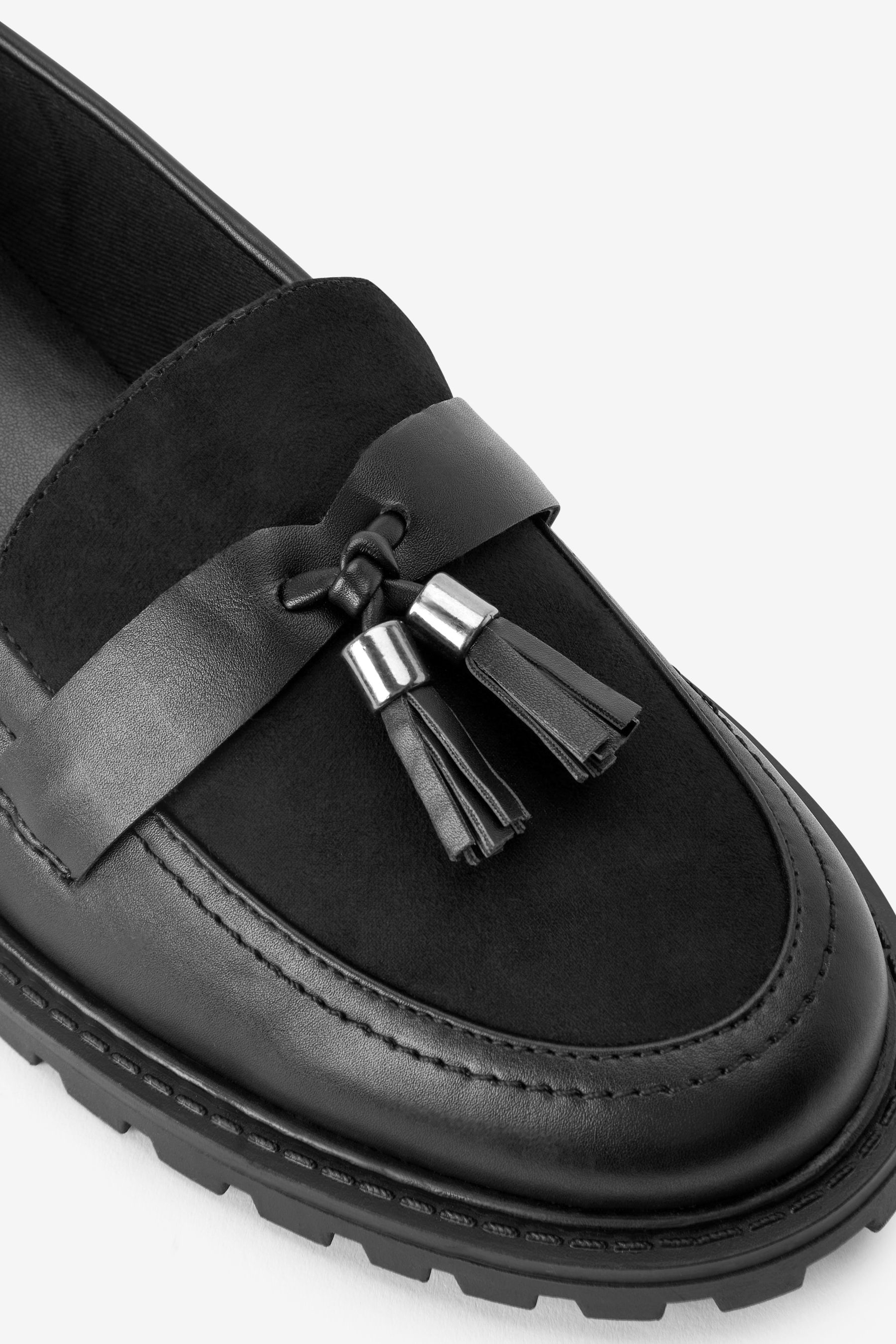 Buy Black Standard Wide Fit Forever Comfort Tassel Detail Cleated Chunky Loafer Shoes from the Next UK online shop